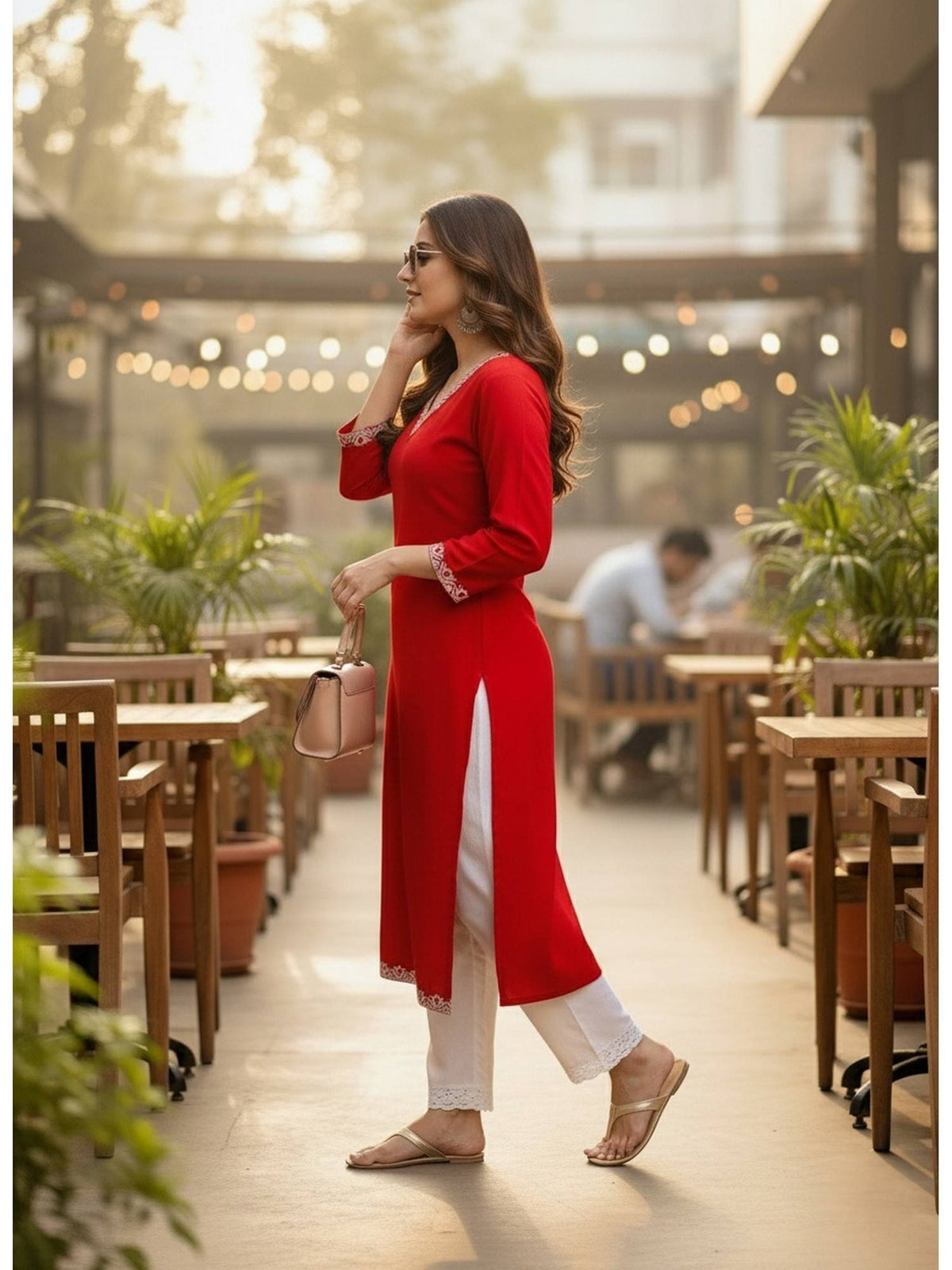 Red Cotton Solid Embroidered Kurta | KDG - view 4
