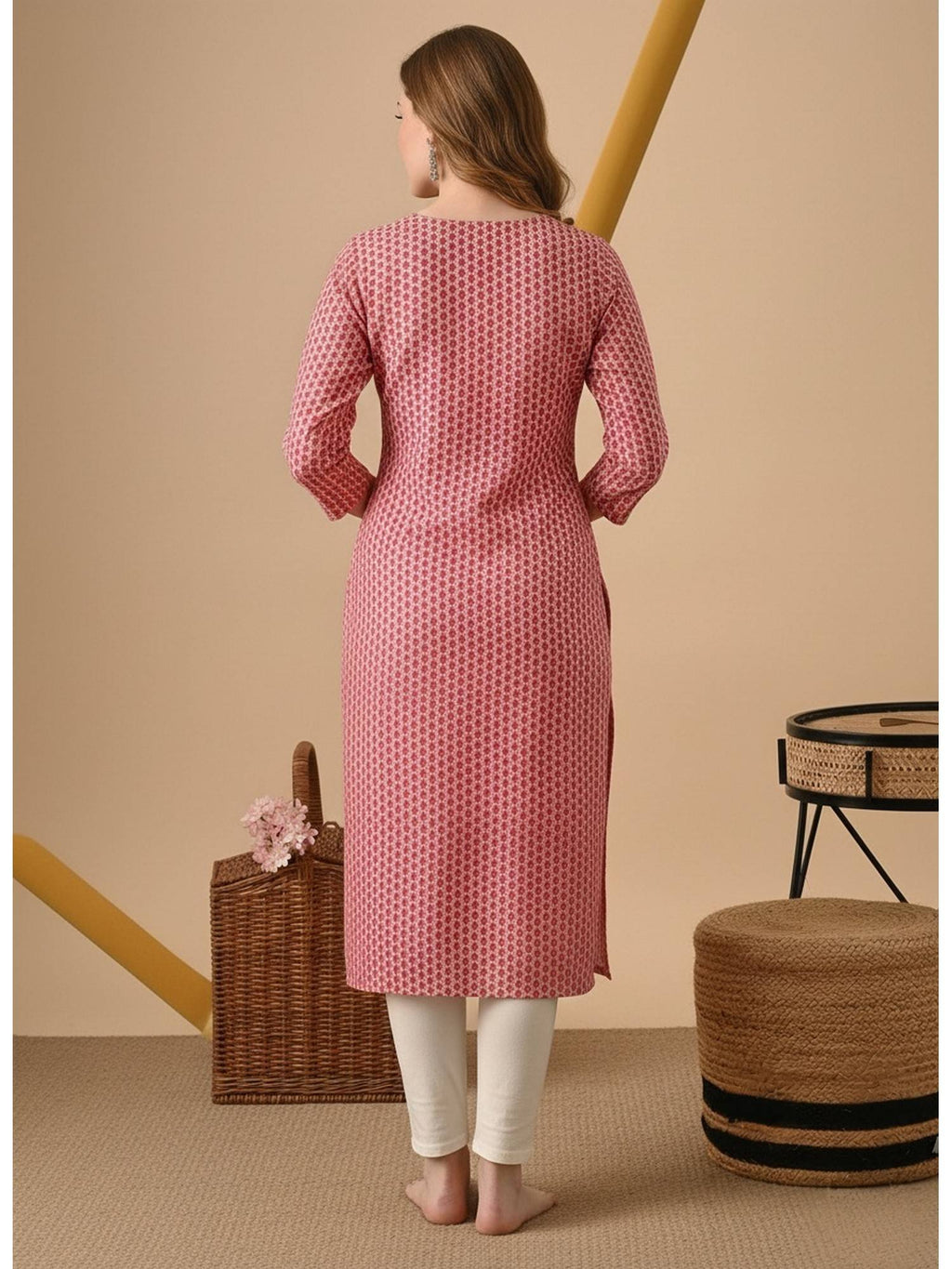 Pink Cotton Printed Embroidered Kurta | FY93 - view 2