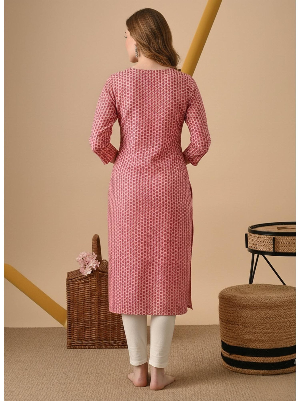 Pink Cotton Printed Embroidered Kurta | FY93 - view 2