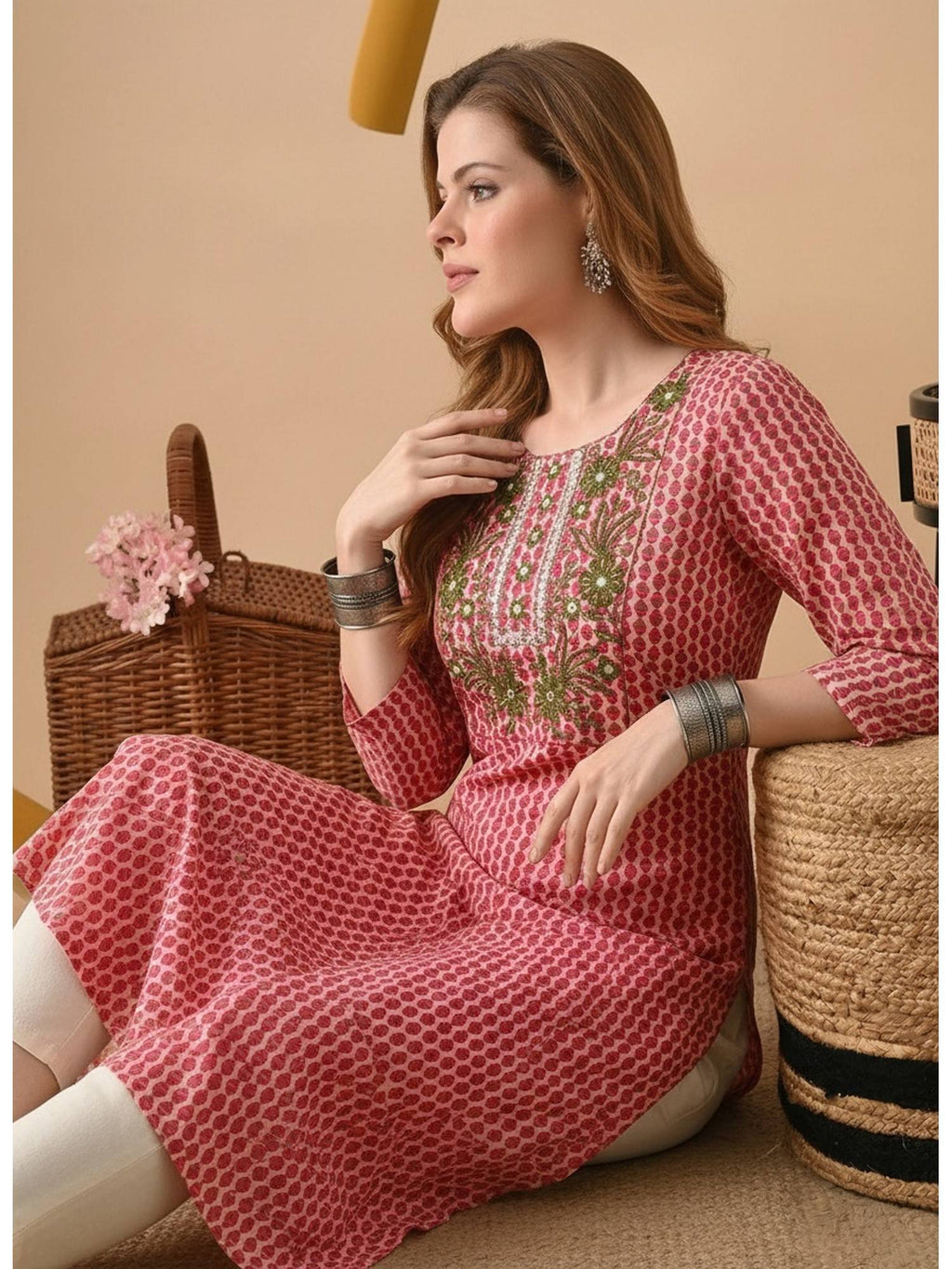 Pink Cotton Printed Embroidered Kurta | FY93 - view 3