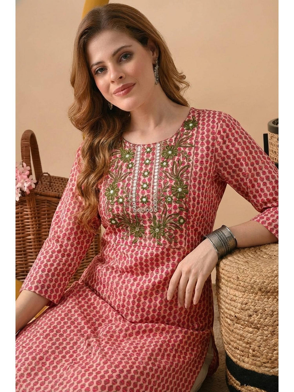 Pink Cotton Printed Embroidered Kurta | FY93 - view 4