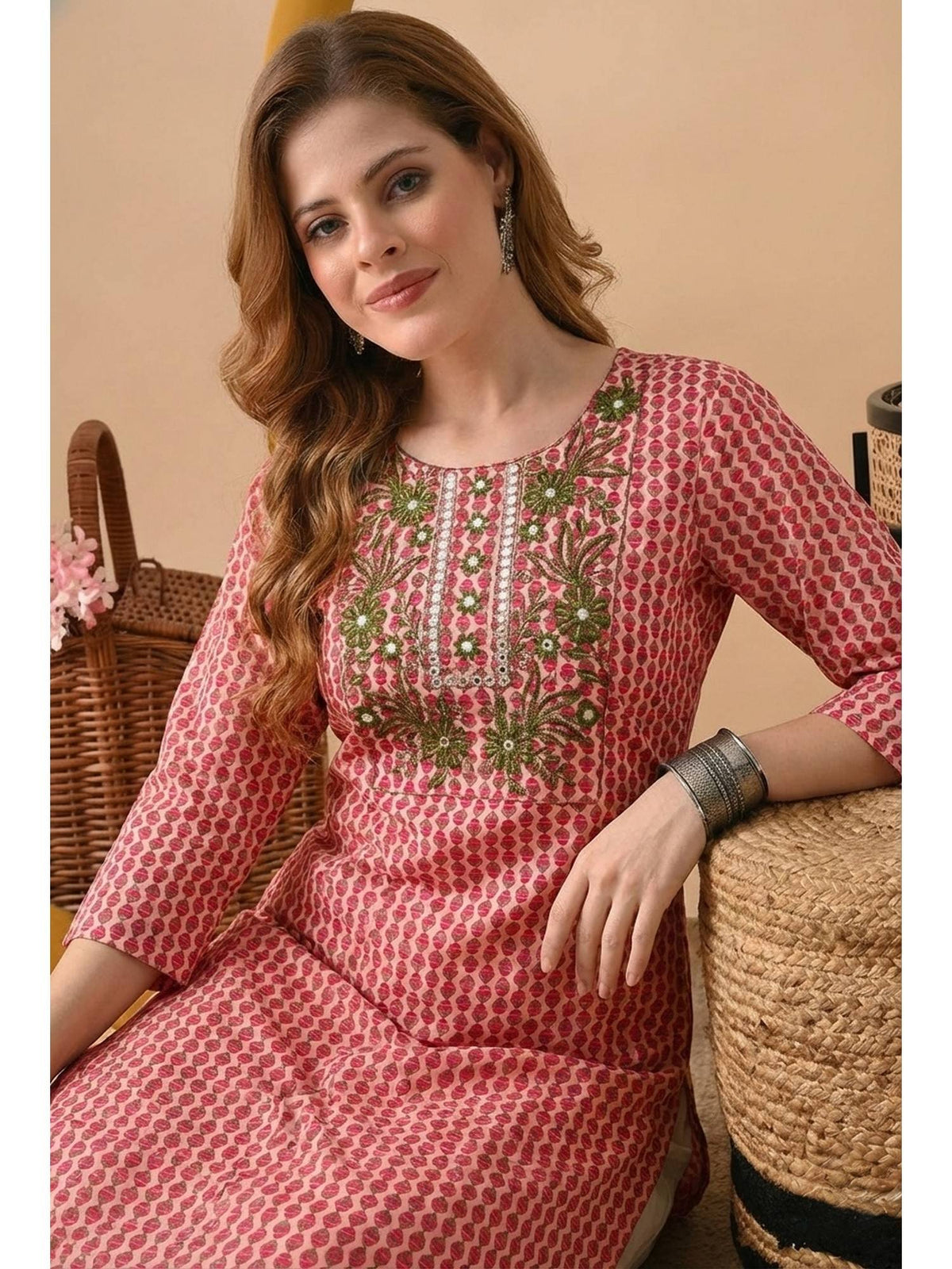 Pink Cotton Printed Embroidered Kurta | FY93 - view 4