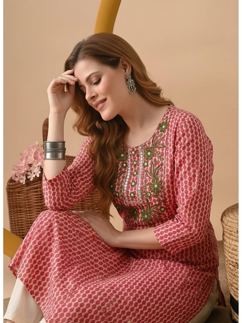 Pink Cotton Printed Embroidered Kurta | FY93 - view 5