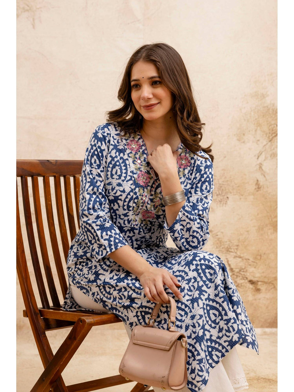 Blue Cotton Printed Embroidered Kurta | FY93 - view 3