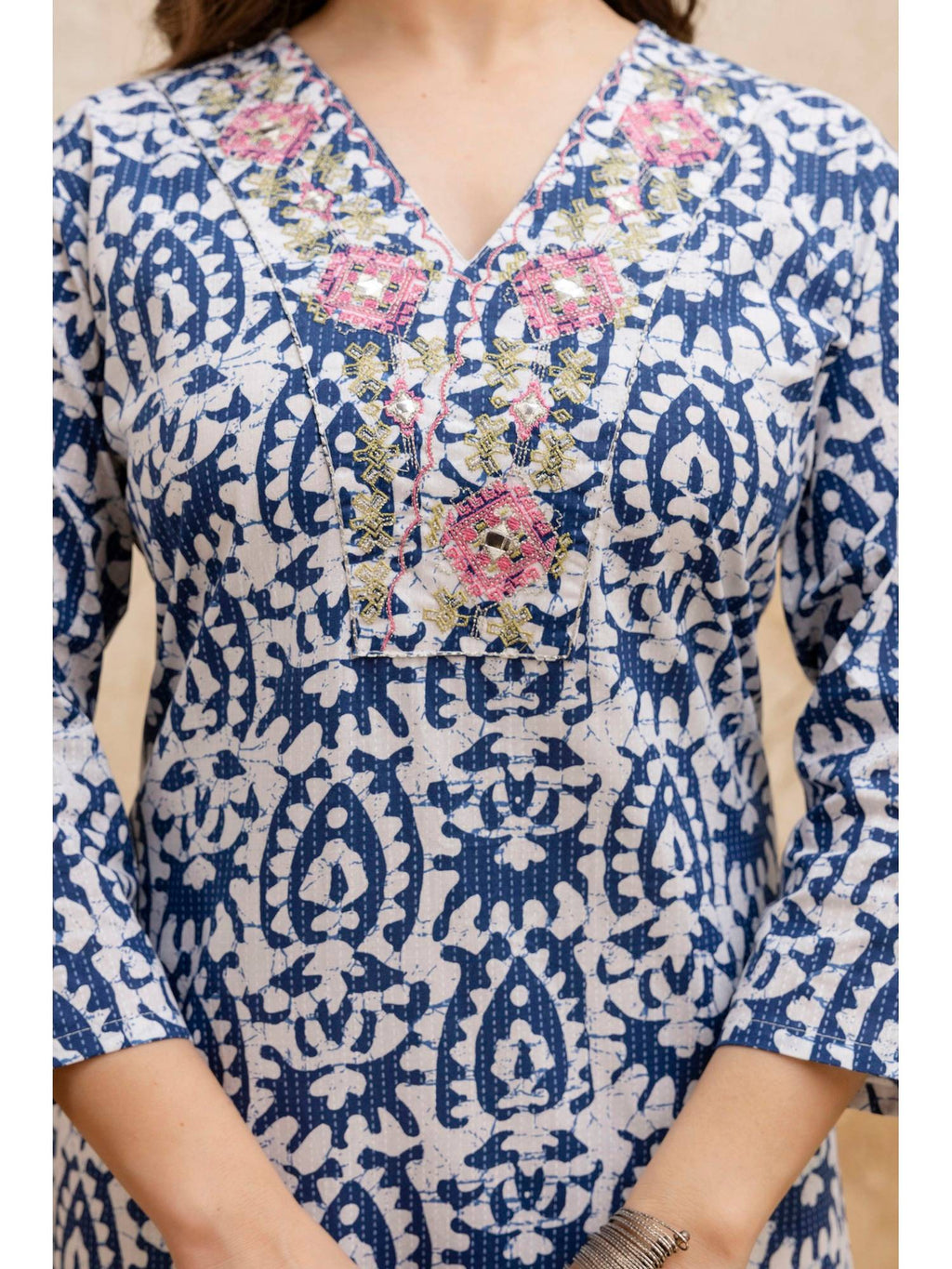 Blue Cotton Printed Embroidered Kurta | FY93 - view 5