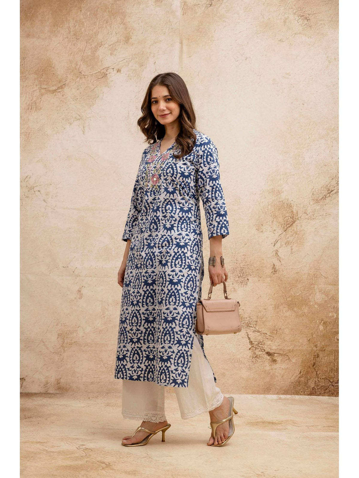Blue Cotton Printed Embroidered Kurta | KDG - view 6