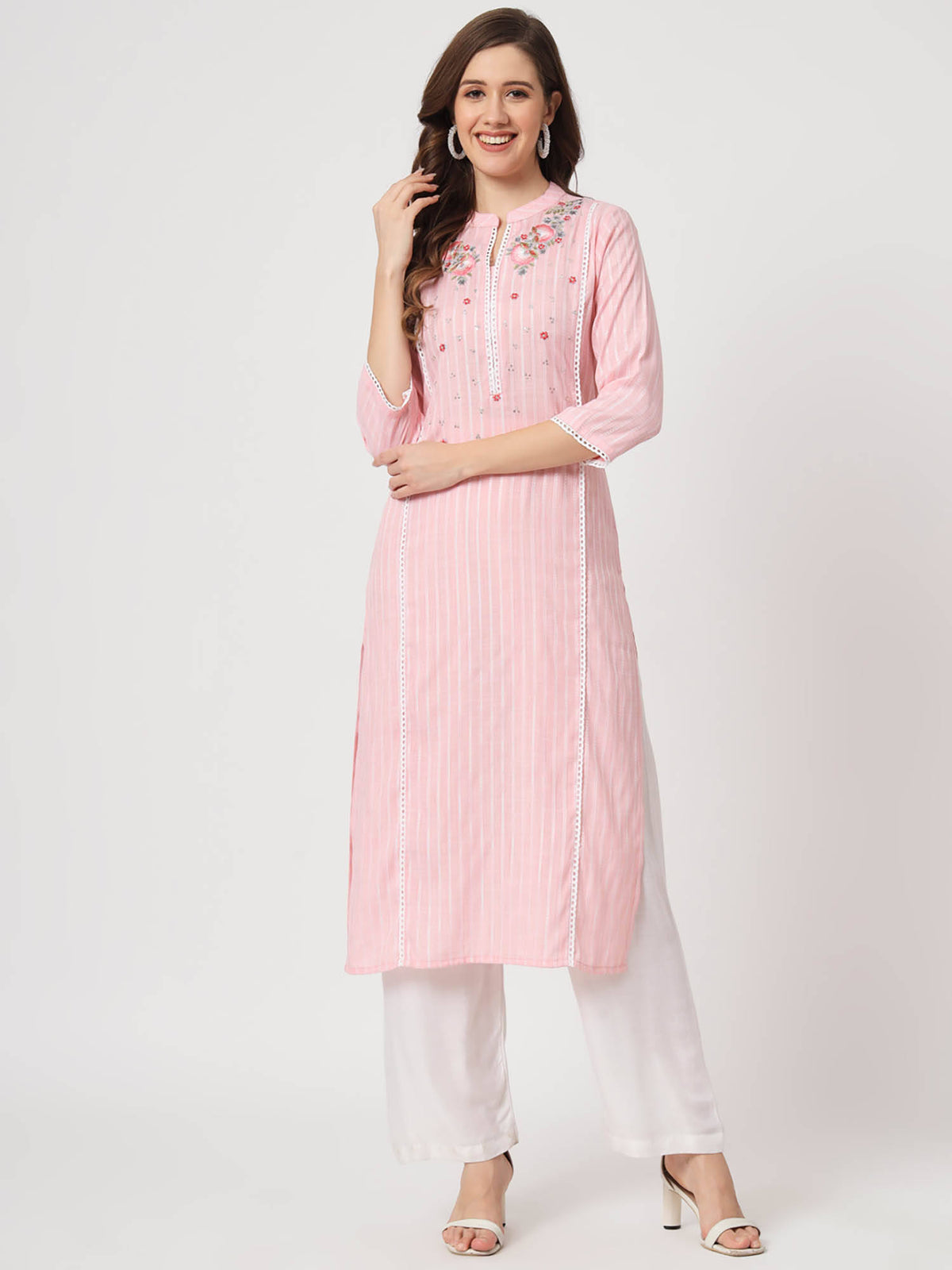 Ethnic Wear Womens Dyed Yarn Viscose Baby Pink Embroidered Straight Kurta | FY93 - view 1