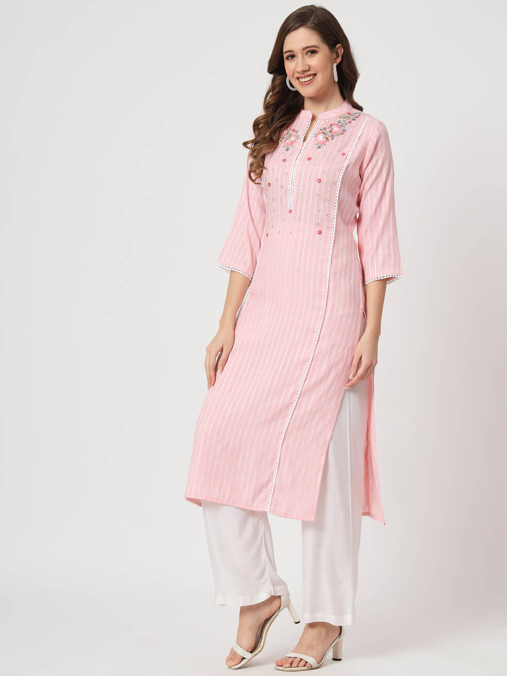 Ethnic Wear Womens Dyed Yarn Viscose Baby Pink Embroidered Straight Kurta | FY93 - view 2