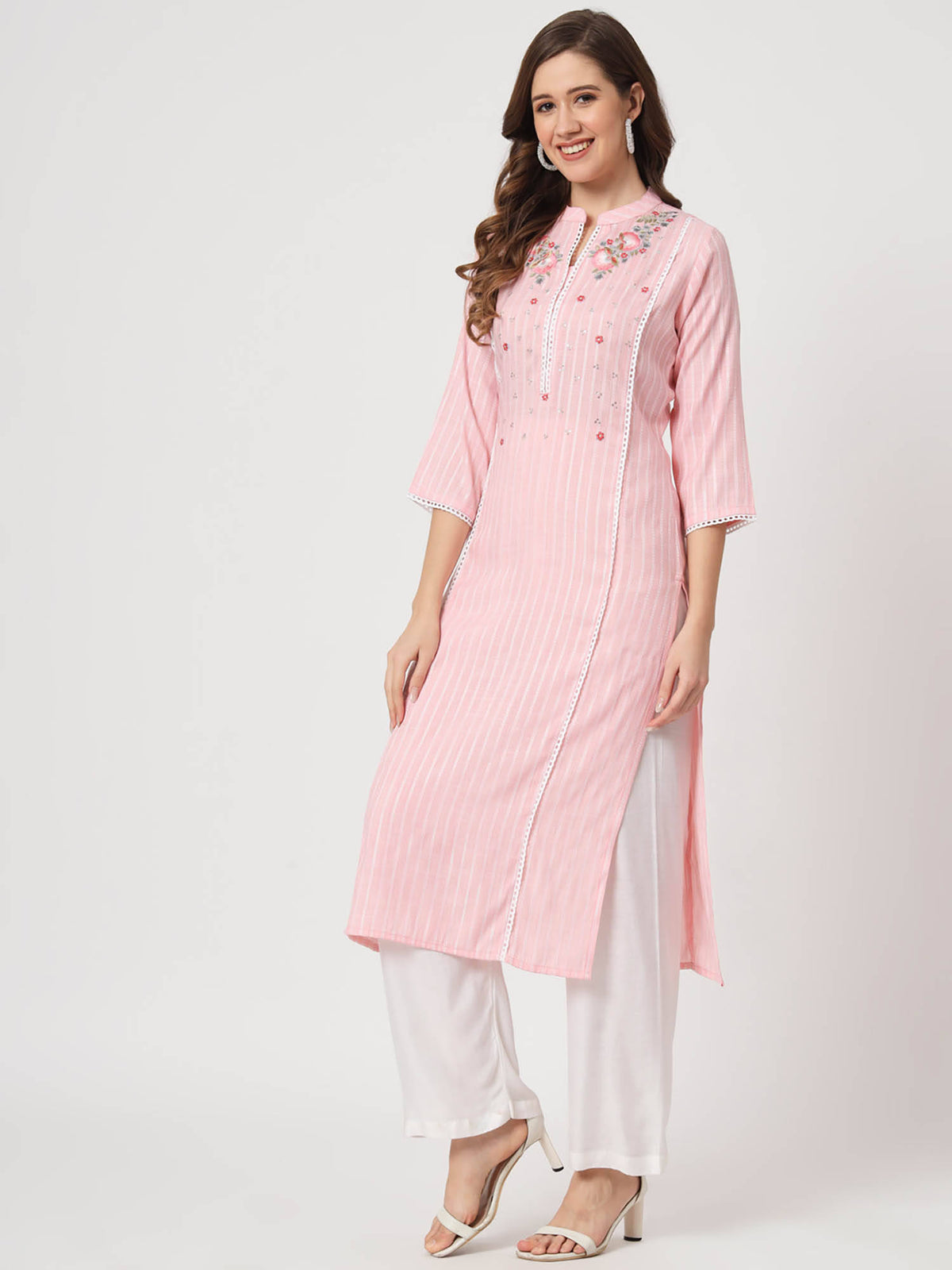 Ethnic Wear Womens Dyed Yarn Viscose Baby Pink Embroidered Straight Kurta | FY93 - view 2