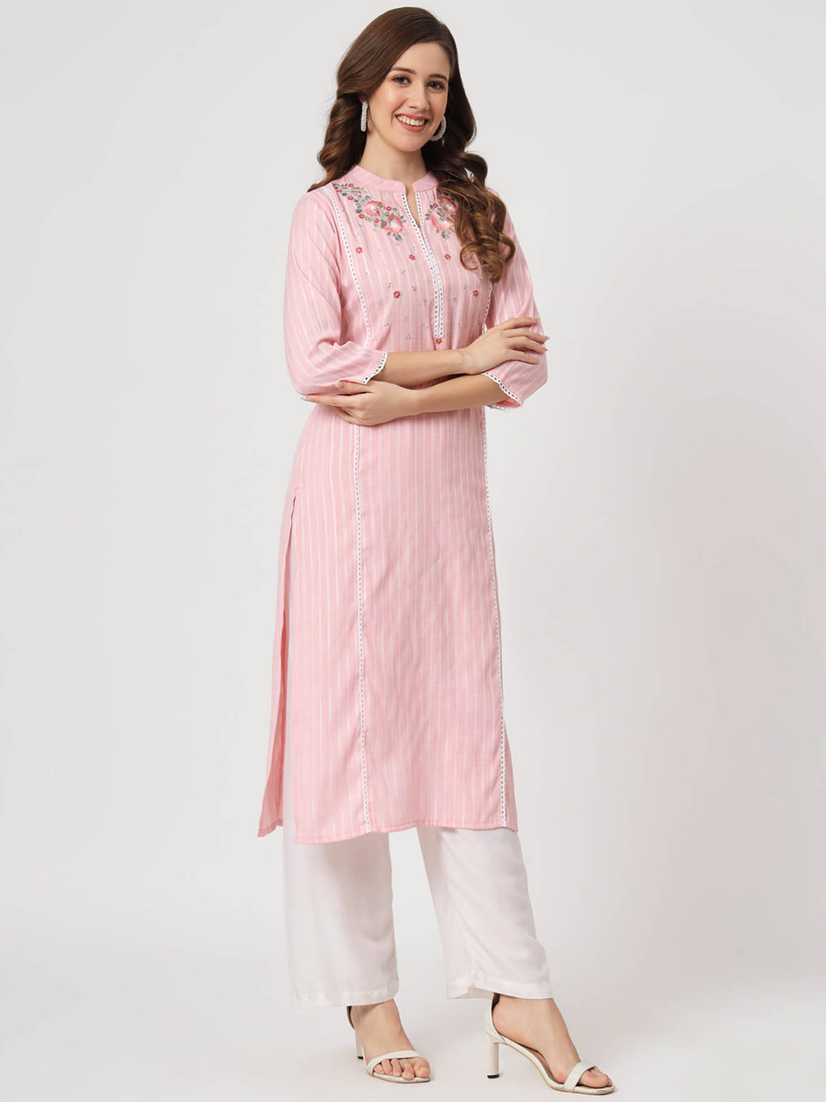 Ethnic Wear Womens Dyed Yarn Viscose Baby Pink Embroidered Straight Kurta | FY93 - view 3