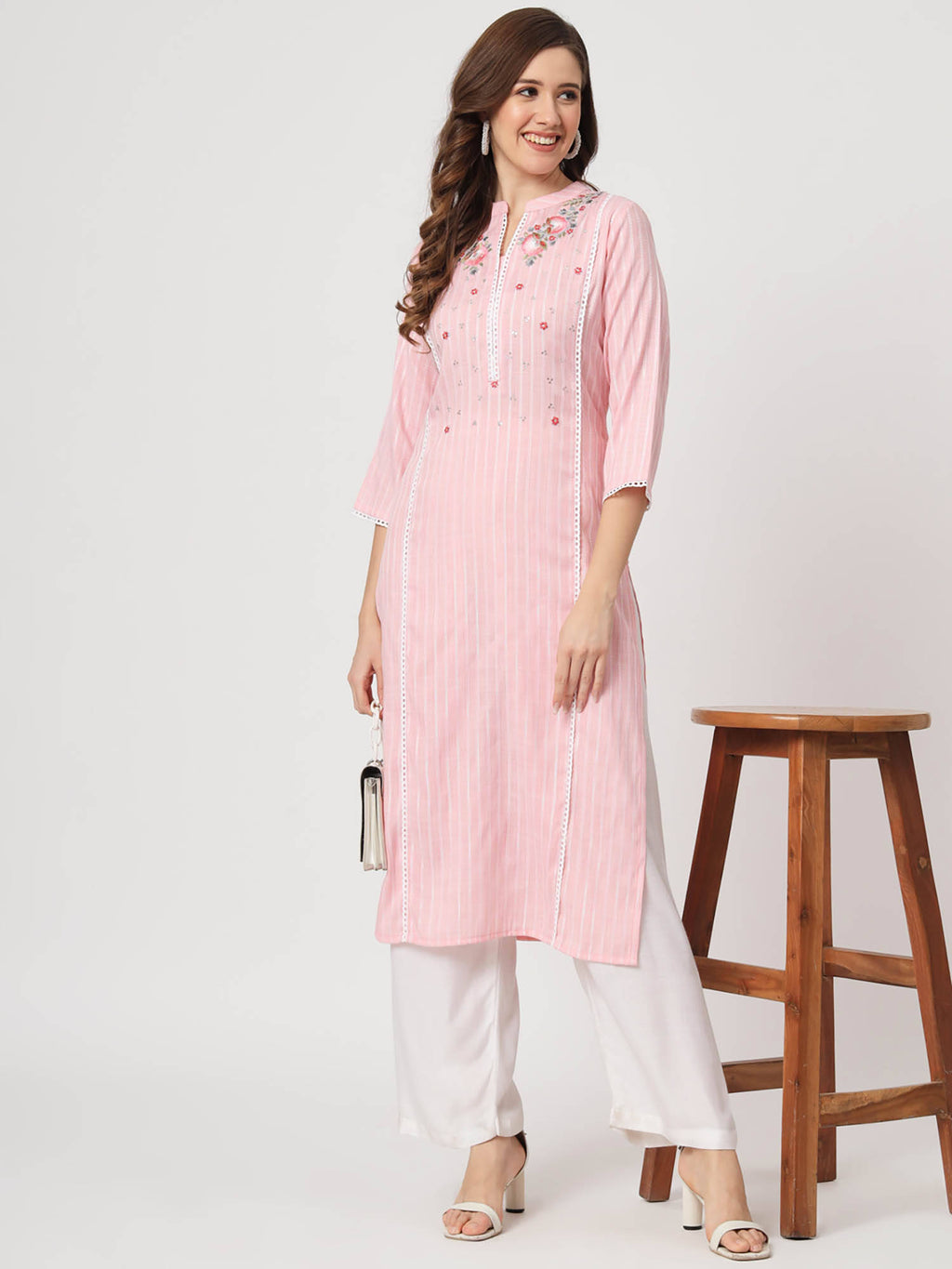 Ethnic Wear Womens Dyed Yarn Viscose Baby Pink Embroidered Straight Kurta | FY93 - view 4