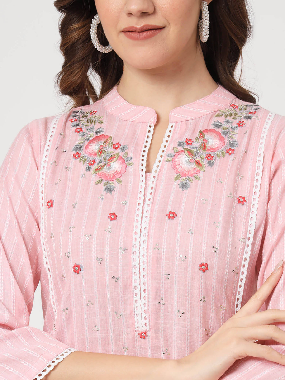 Ethnic Wear Womens Dyed Yarn Viscose Baby Pink Embroidered Straight Kurta | FY93 - view 6