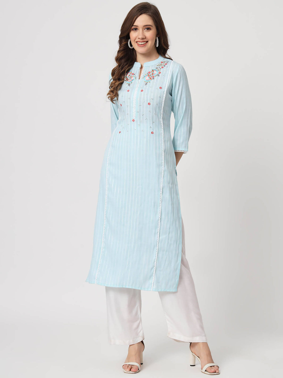 Ethnic Wear Womens Dyed Yarn Viscose Baby Pink Embroidered Straight Kurta | FY93 - view 7