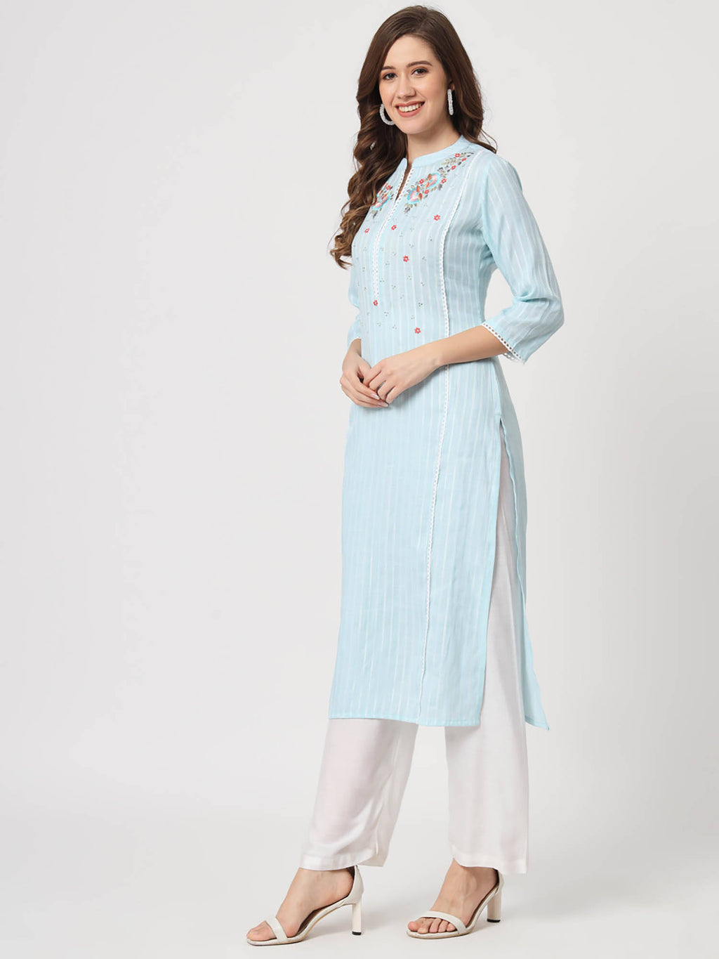 Ethnic Wear Womens Dyed Yarn Viscose Baby Pink Embroidered Straight Kurta | FY93 - view 8