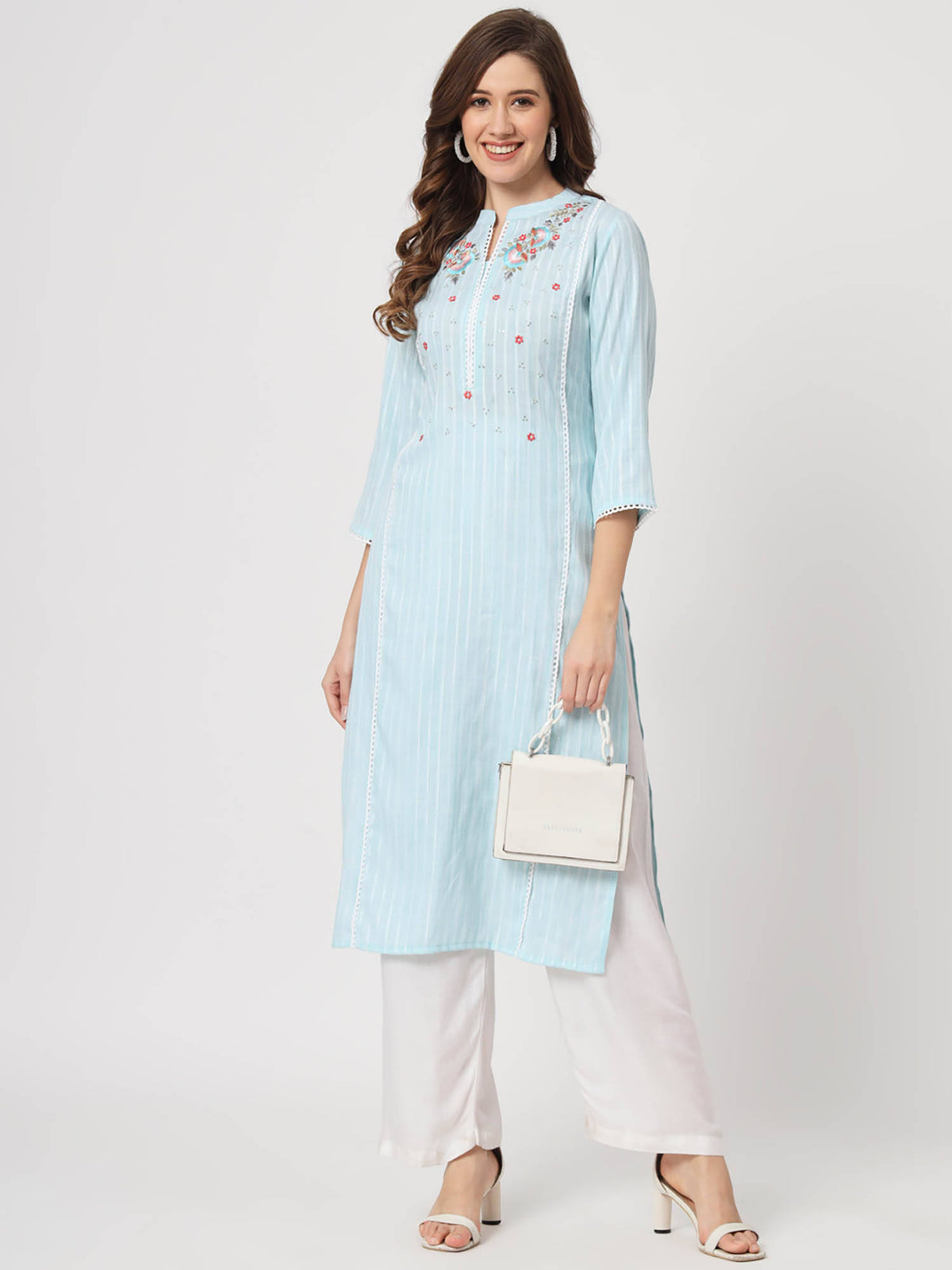 Ethnic Wear Womens Dyed Yarn Viscose Baby Pink Embroidered Straight Kurta | FY93 - view 9