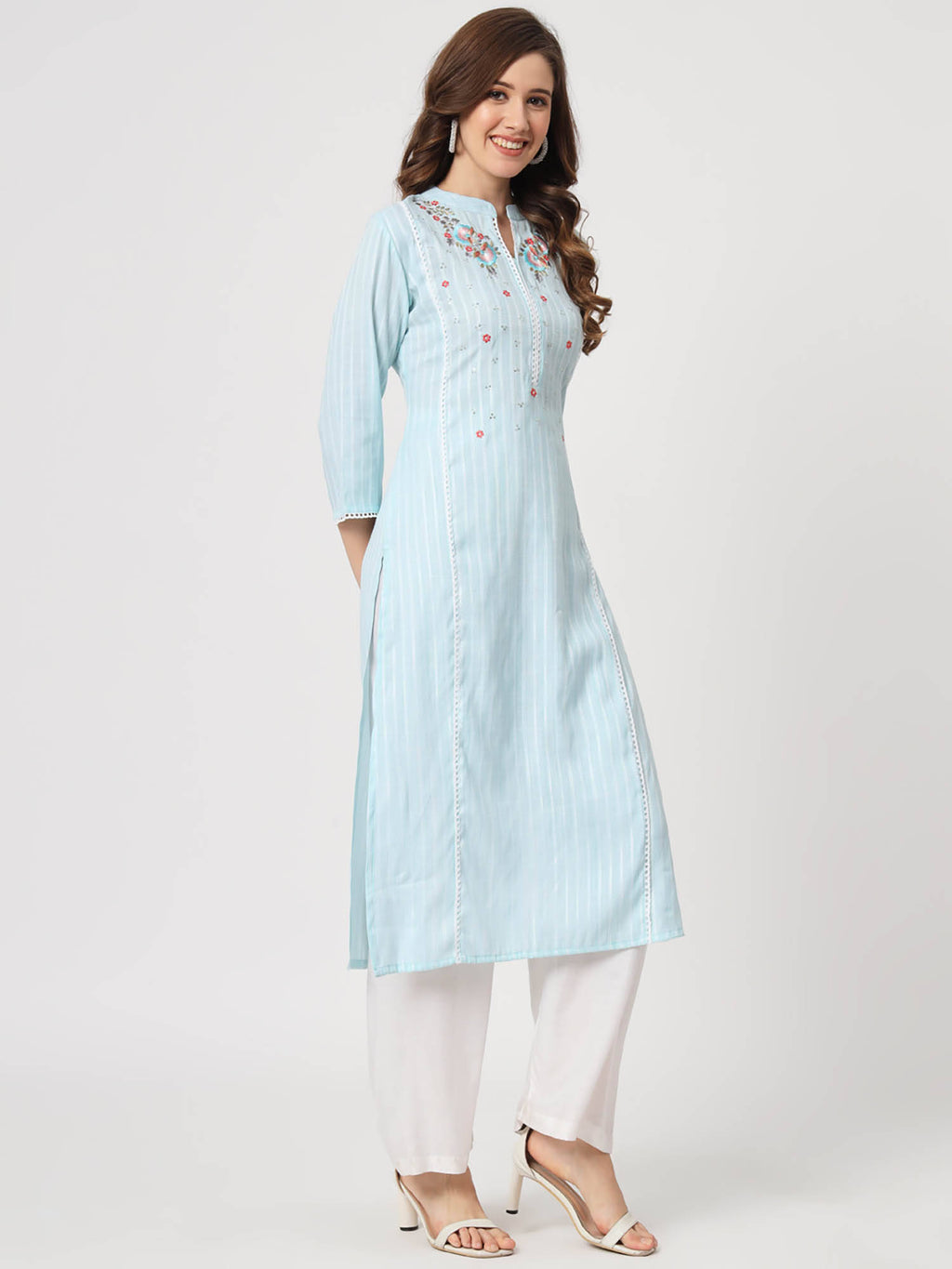 Ethnic Wear Womens Dyed Yarn Viscose Baby Pink Embroidered Straight Kurta | FY93 - view 10