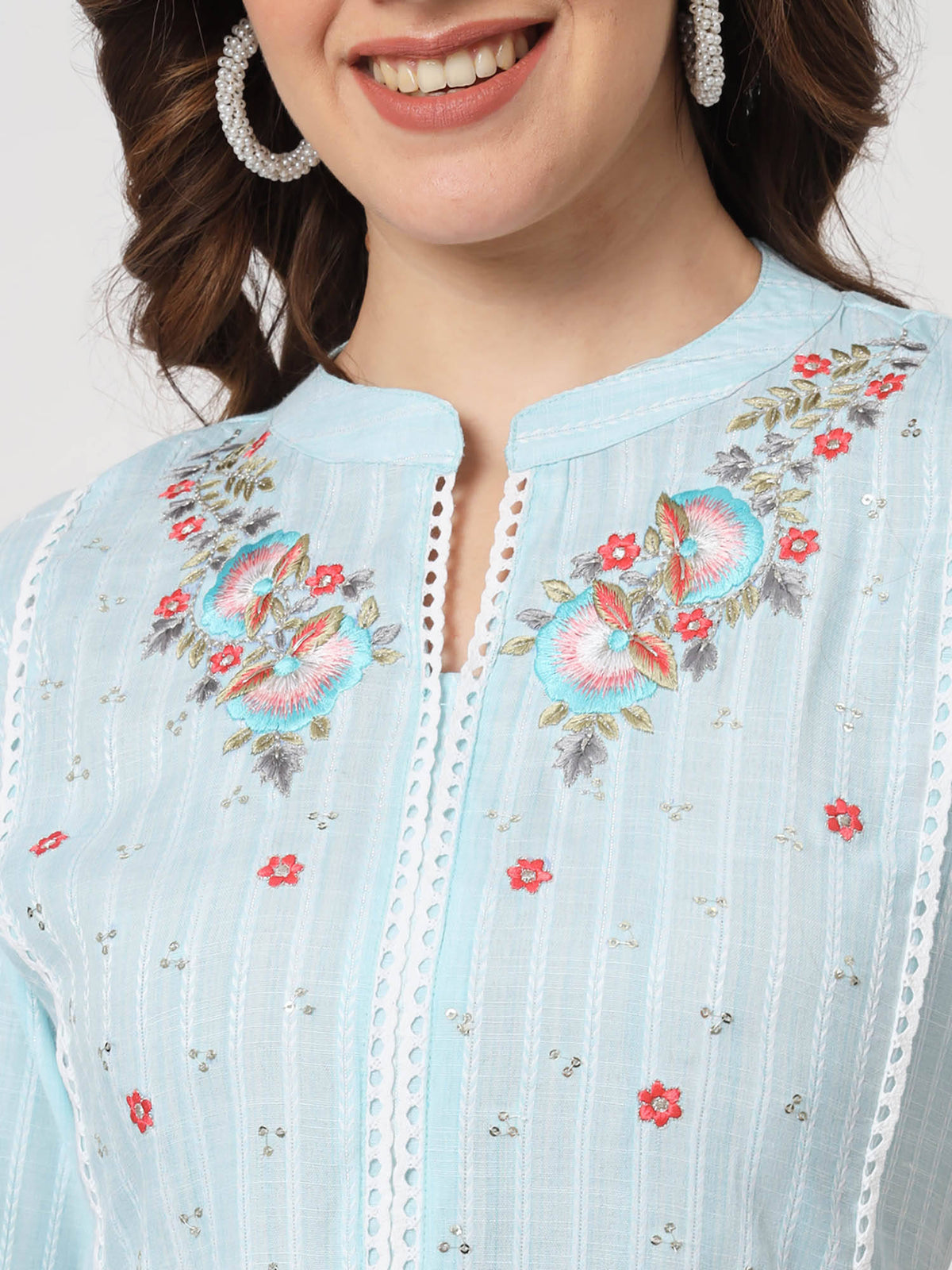 Ethnic Wear Womens Dyed Yarn Viscose Baby Pink Embroidered Straight Kurta | FY93 - view 12