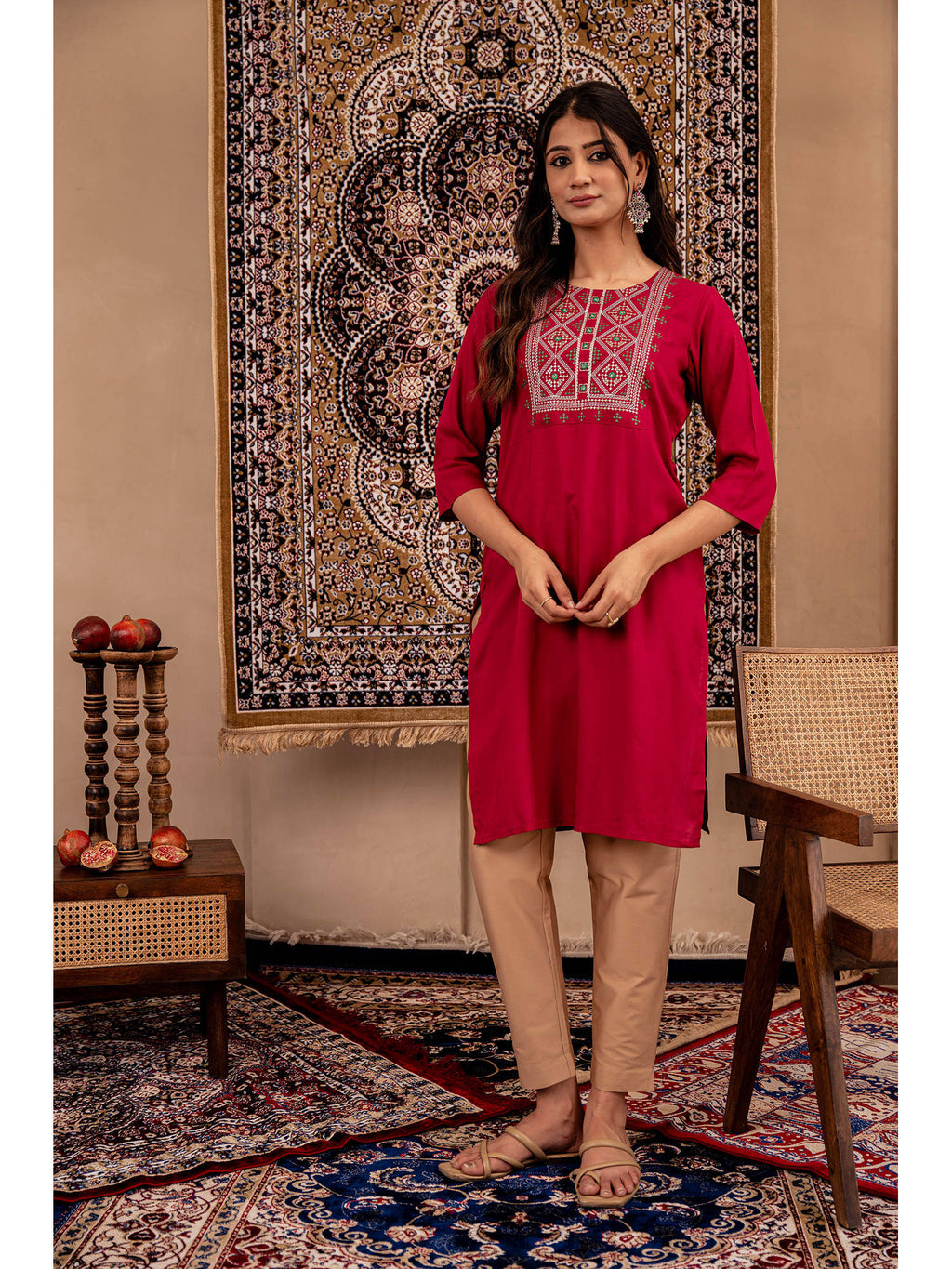 Maroon Embroidered Viscose Rayon Straight Kurta | KDG - view 1