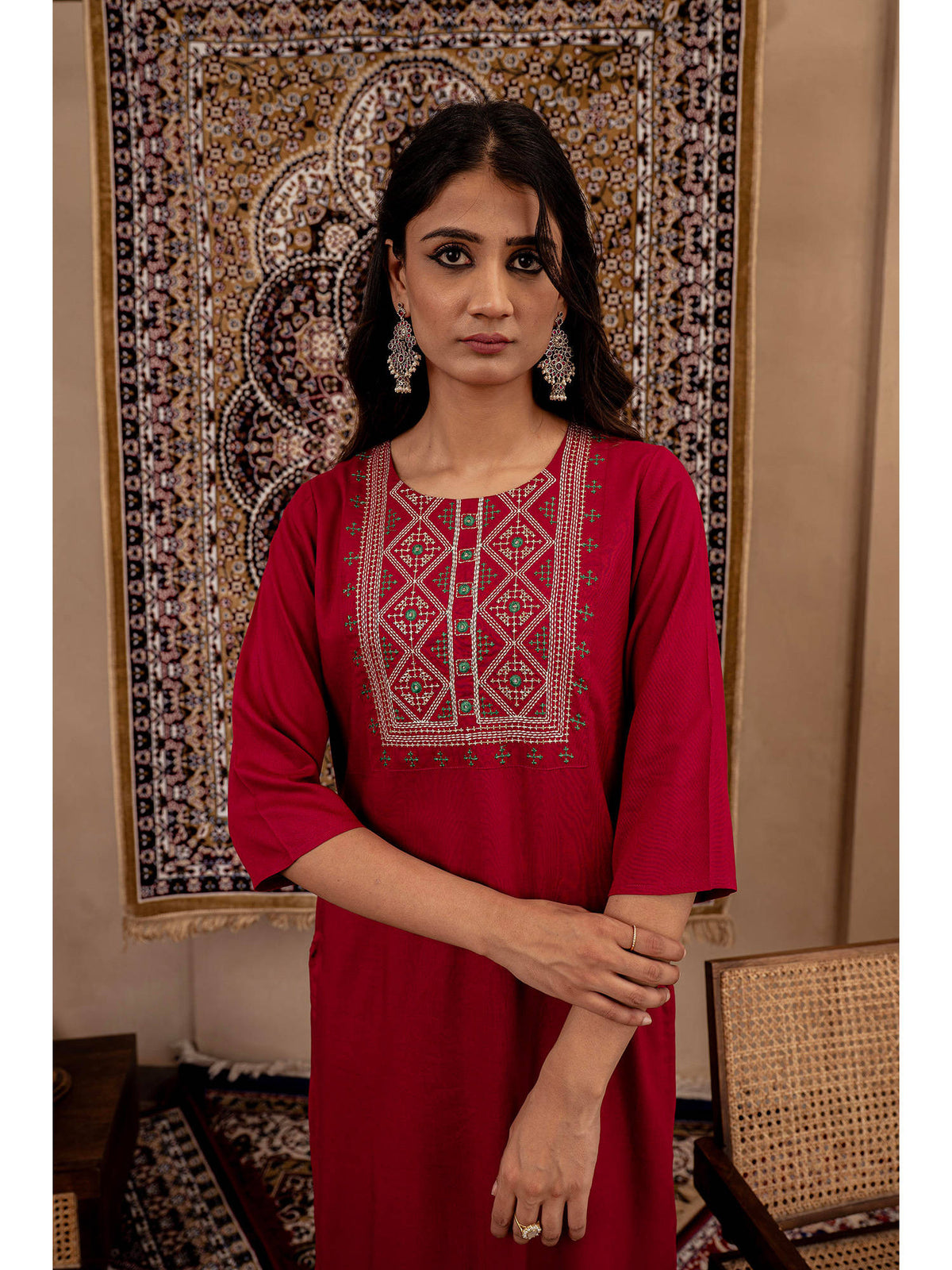 Maroon Embroidered Viscose Rayon Straight Kurta | U3S - view 3