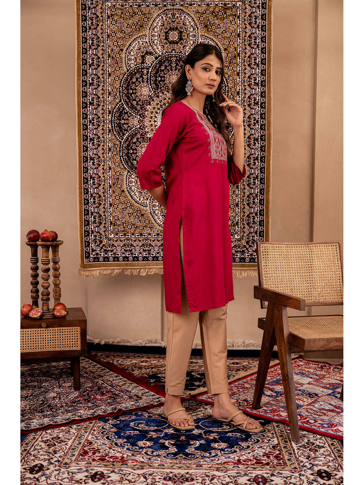 Maroon Embroidered Viscose Rayon Straight Kurta | KDG - view 5