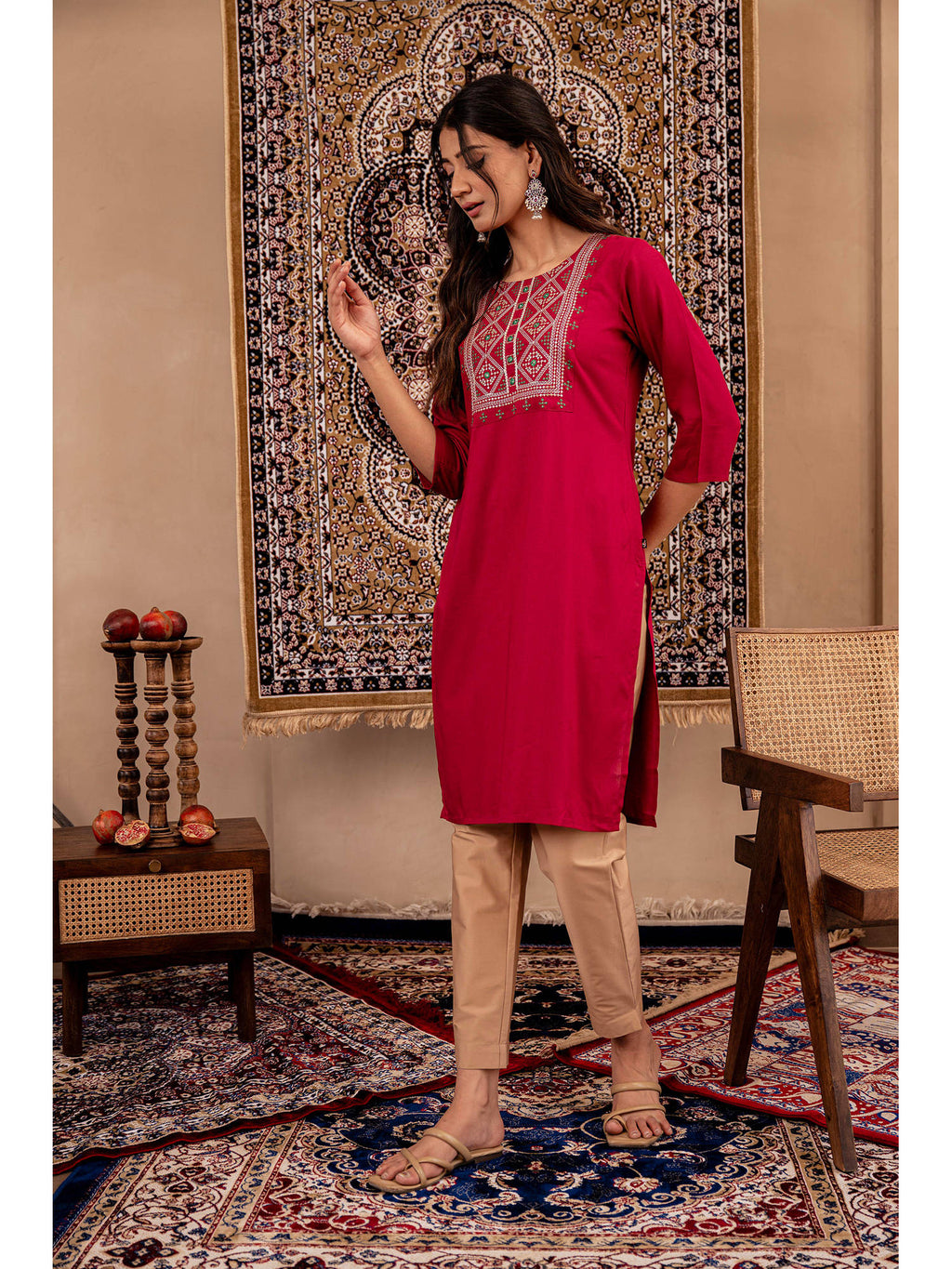 Maroon Embroidered Viscose Rayon Straight Kurta | U3S - view 6