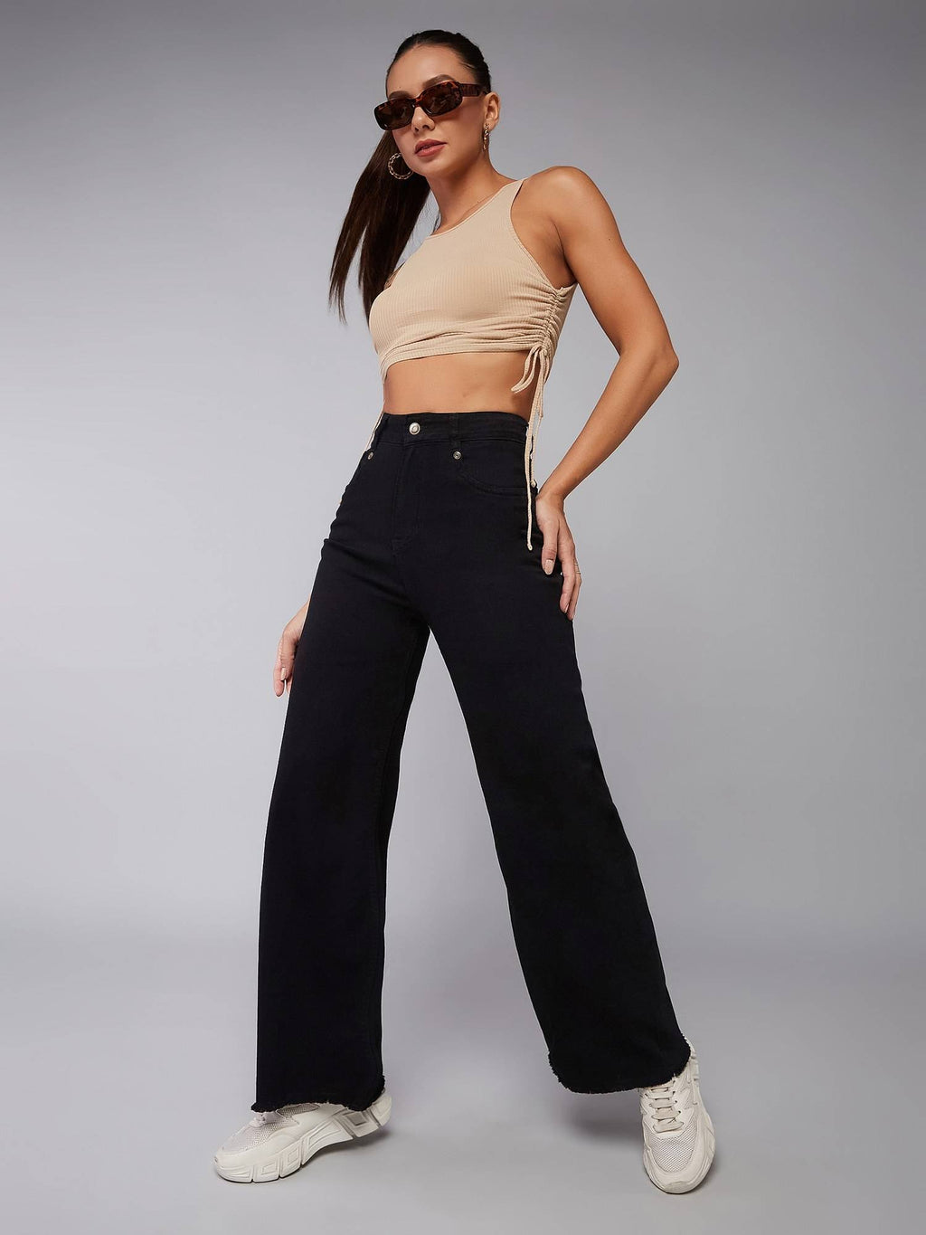 Black High Rise Stretchable Wide Leg Denim Jeans | ST23 - view 2