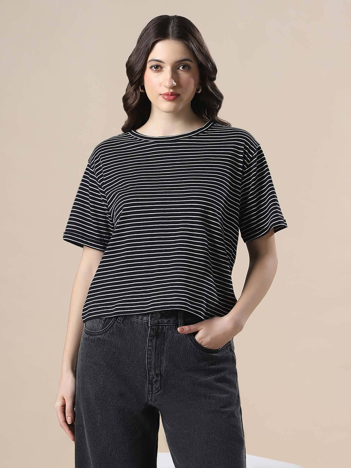 Women Black and White Striped Round Neck Short Sleeves Boxy Fit T-Shirt | TS56 - view 1