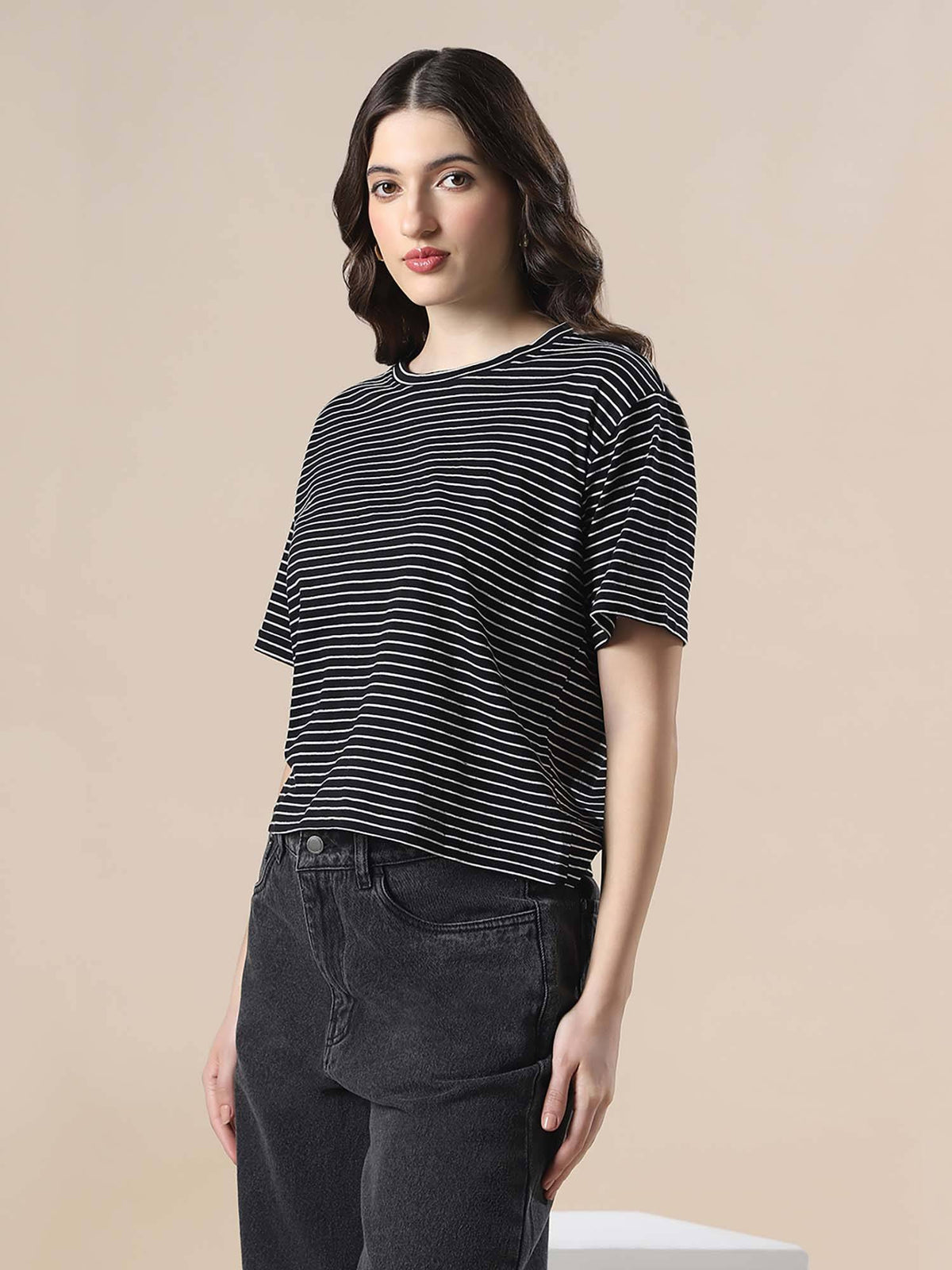 Women Black and White Striped Round Neck Short Sleeves Boxy Fit T-Shirt | TS56 - view 2