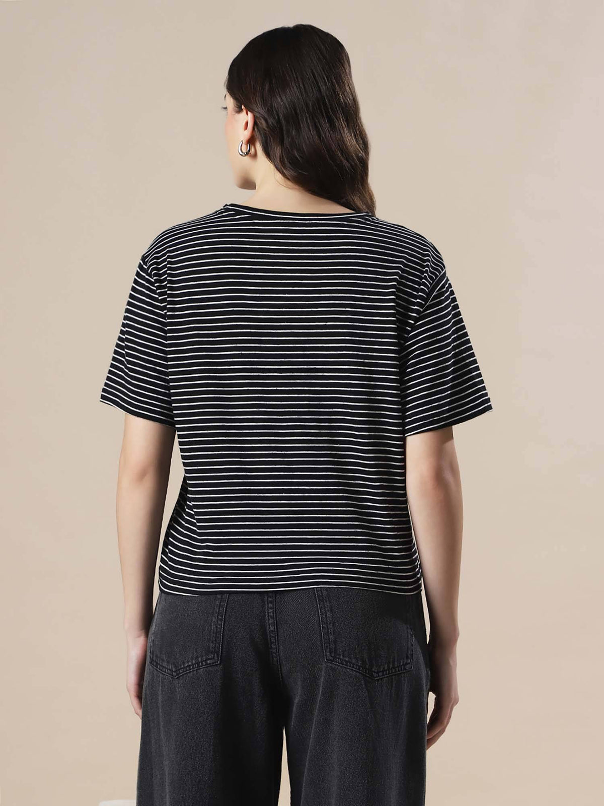 Women Black and White Striped Round Neck Short Sleeves Boxy Fit T-Shirt | TS56 - view 3