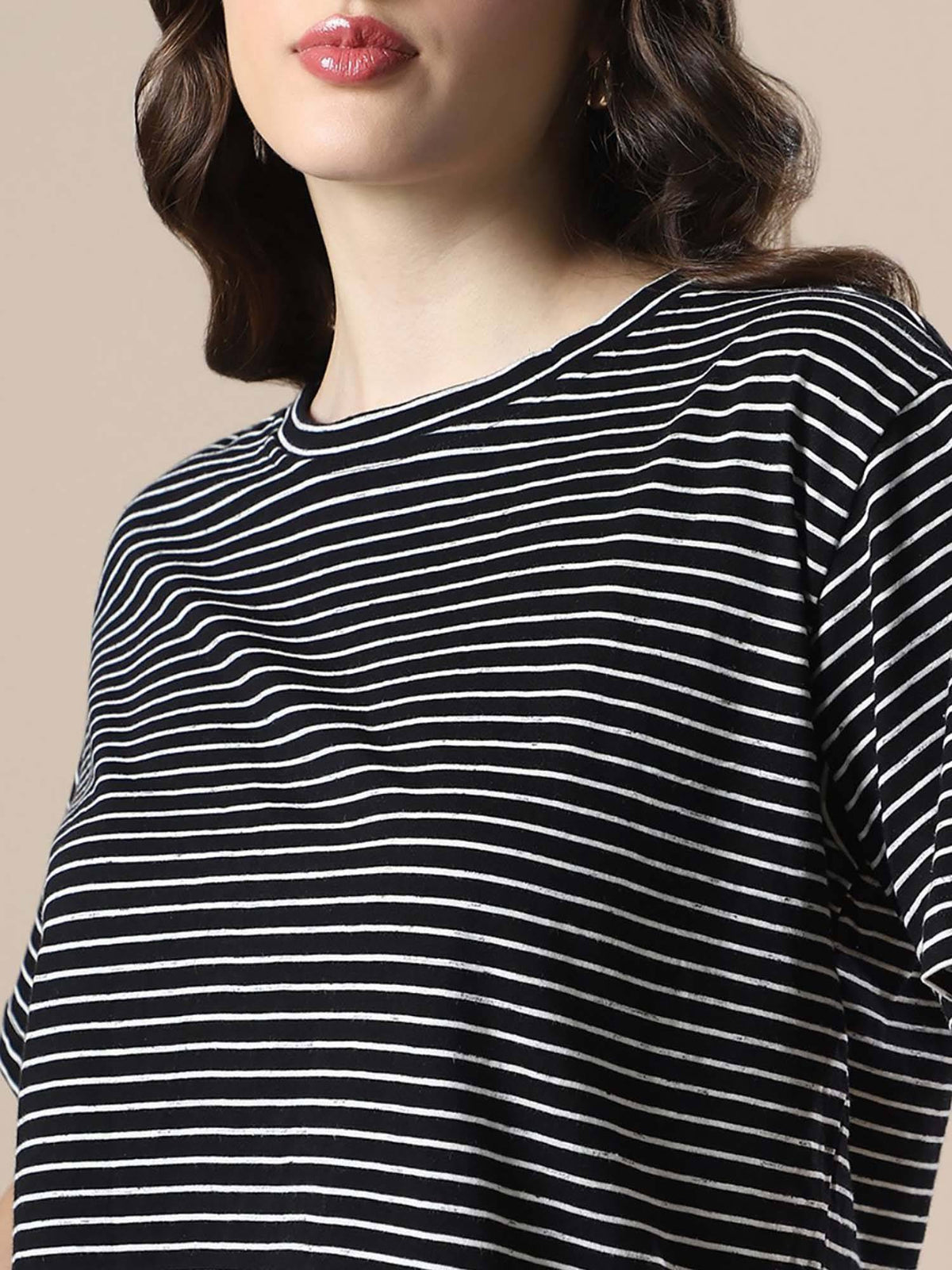 Women Black and White Striped Round Neck Short Sleeves Boxy Fit T-Shirt | TS56 - view 4