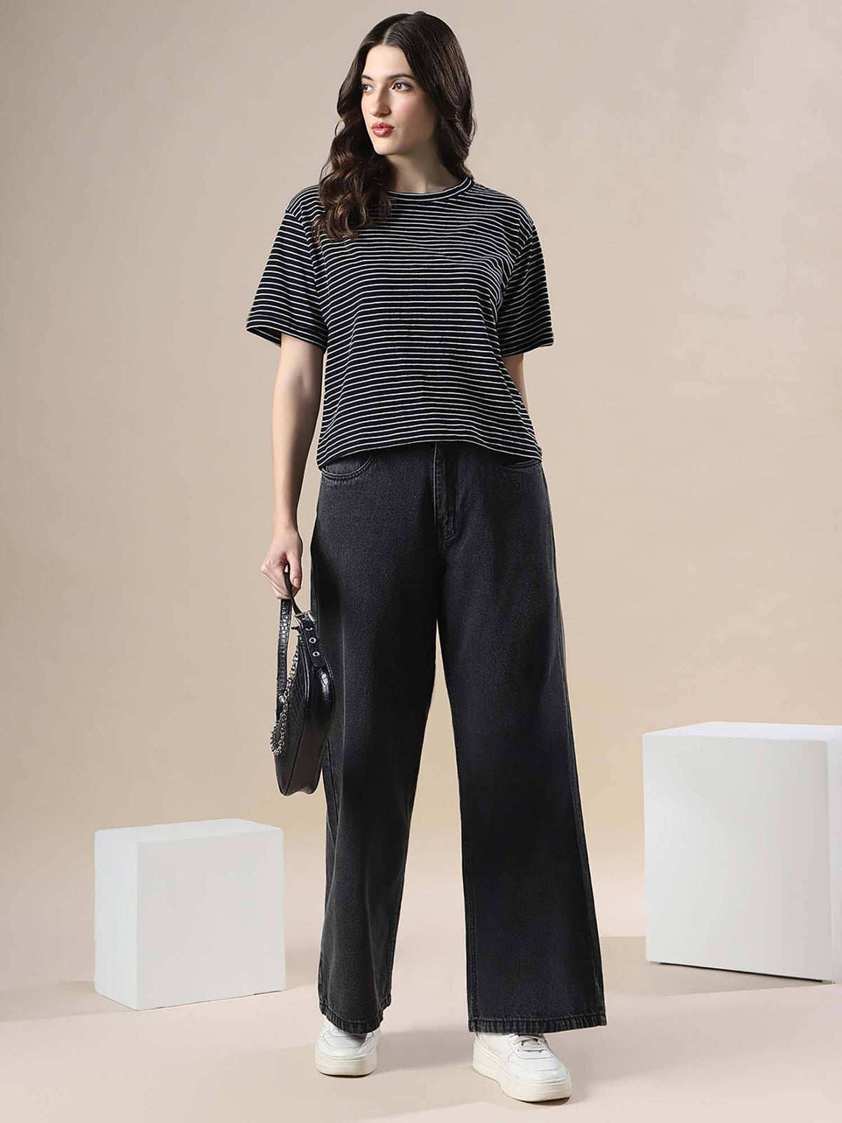 Women Black and White Striped Round Neck Short Sleeves Boxy Fit T-Shirt | TS56 - view 5