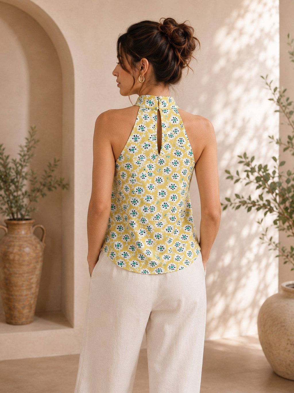 Yellow Floral Twist Halter Top | HT67 - view 2