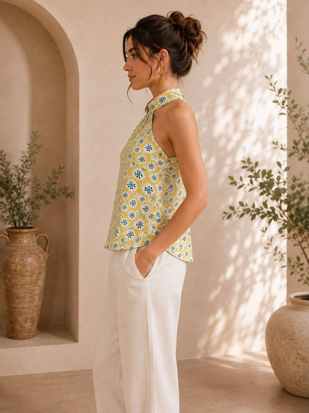 Yellow Floral Twist Halter Top | HT67 - view 3