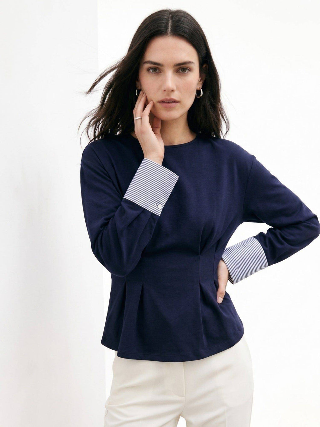 Navy Blue Round Neck Peplum Top | pt51 - view 2