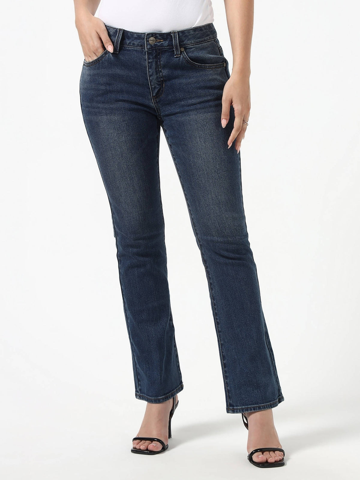 Blue Pure Cotton Slim Leg Mid Waist Solid/Plain Jeans | RF89 - view 1