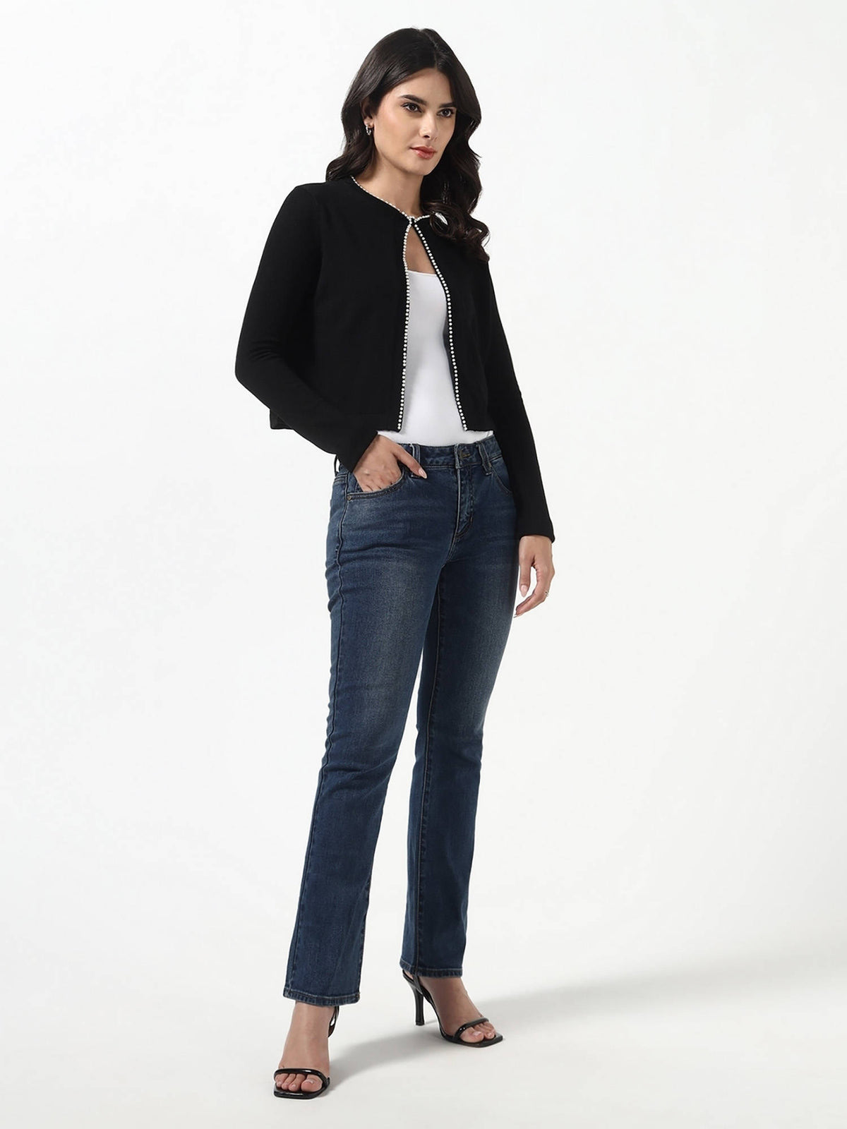Blue Pure Cotton Slim Leg Mid Waist Solid/Plain Jeans | RF89 - view 2