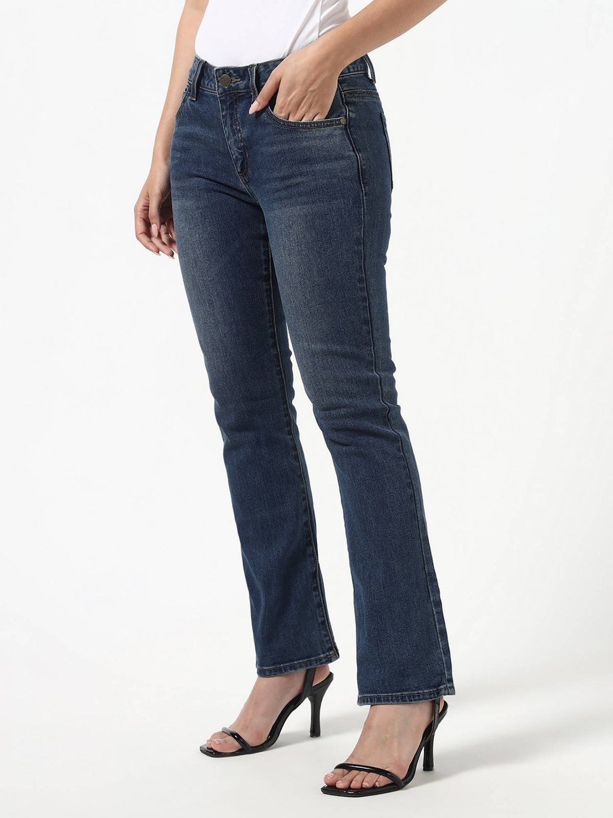 Blue Pure Cotton Slim Leg Mid Waist Solid/Plain Jeans | RF89 - view 4