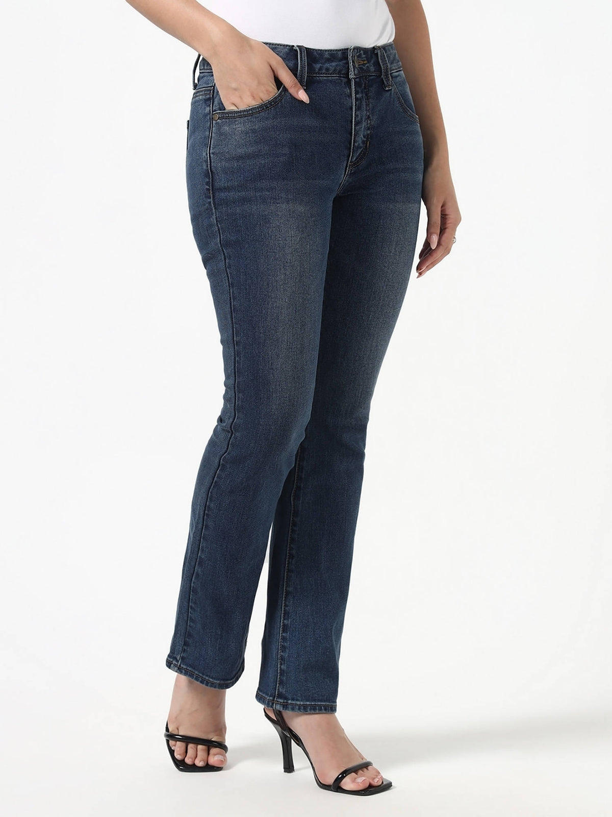 Blue Pure Cotton Slim Leg Mid Waist Solid/Plain Jeans | RF89 - view 5