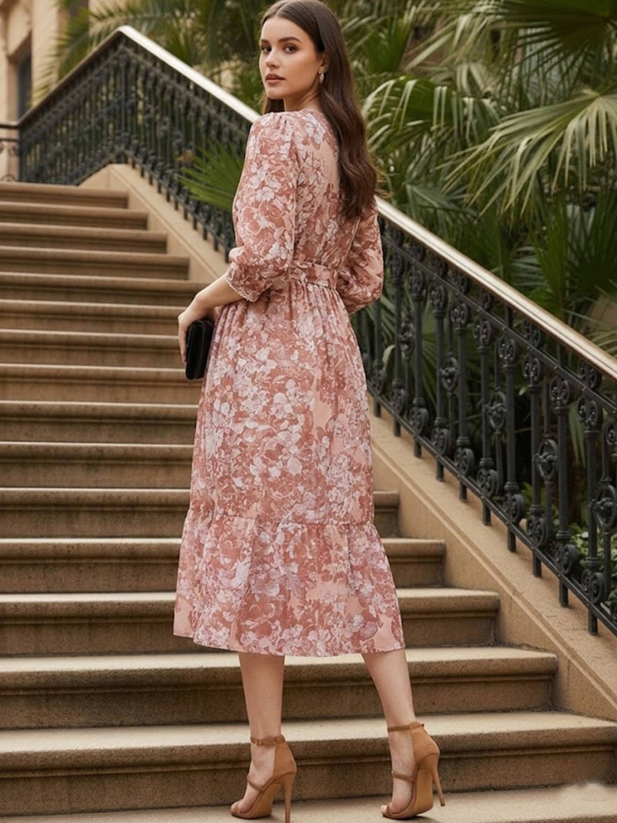 Brown and Beige Printed Midi Dress with Belt | D56 - view 2
