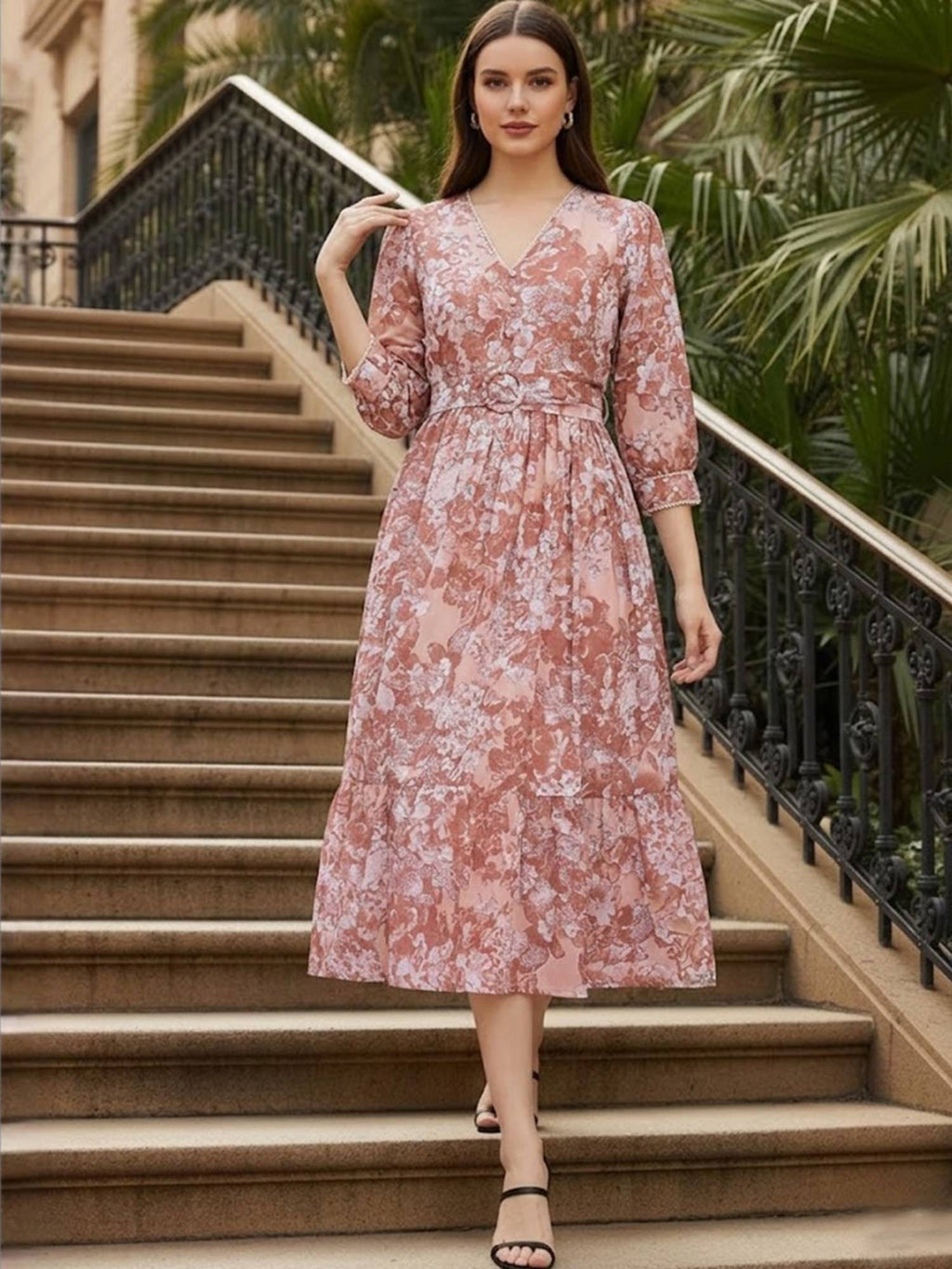 Brown and Beige Printed Midi Dress with Belt | D56 - view 4