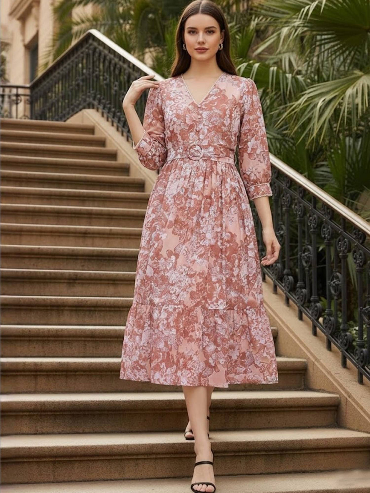 Brown and Beige Printed Midi Dress with Belt | D56 - view 4