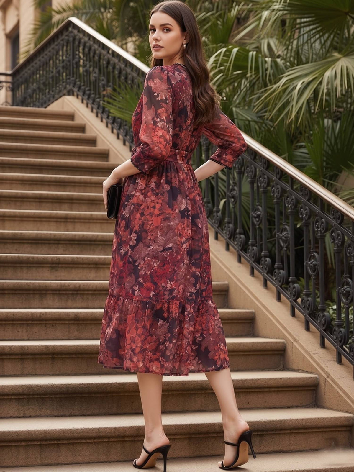 Brown and Beige Printed Midi Dress with Belt | D56 - view 6