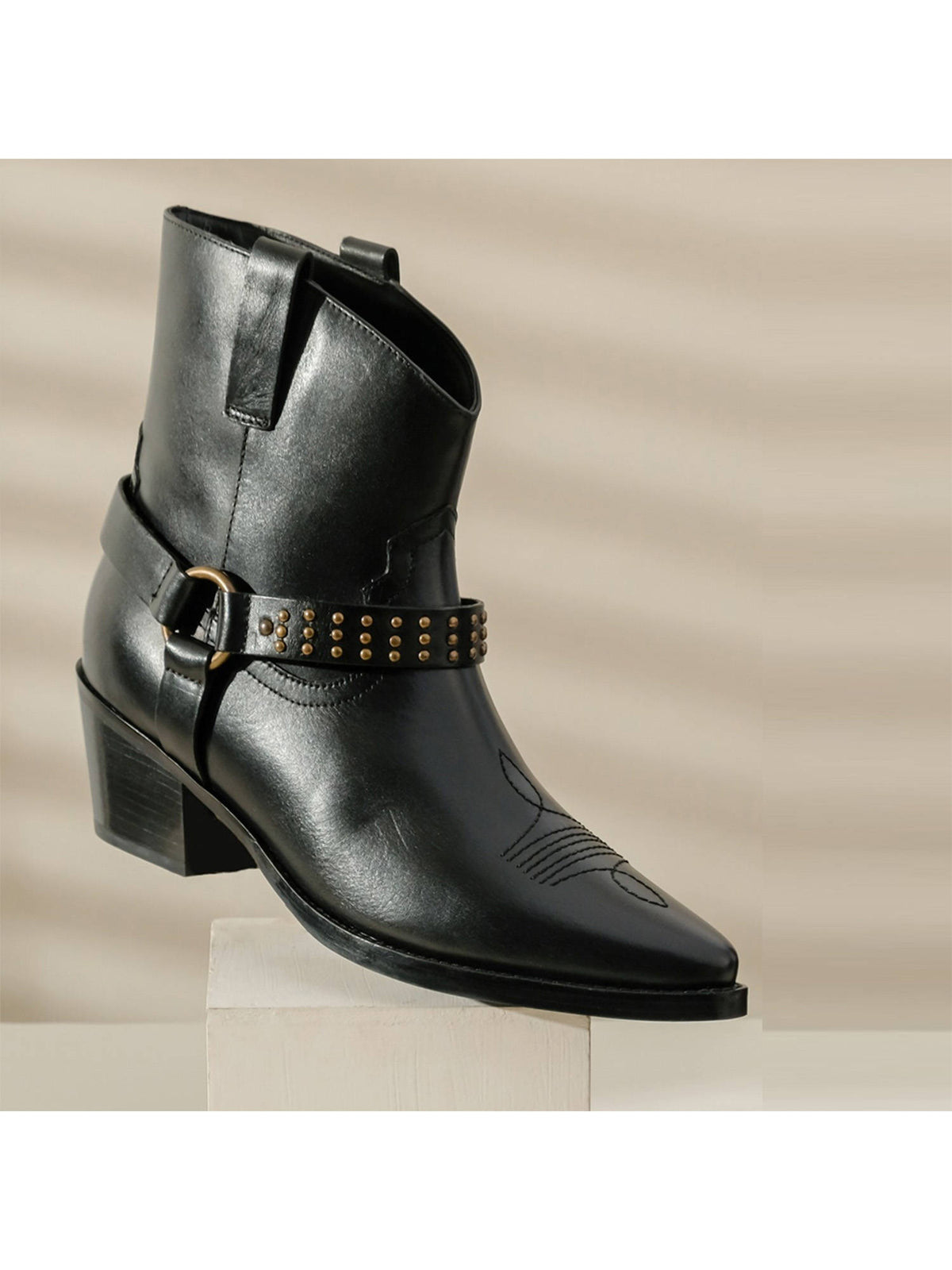 Womens Metal Studded Black Leather Ankle Boots | BT61 - view 1