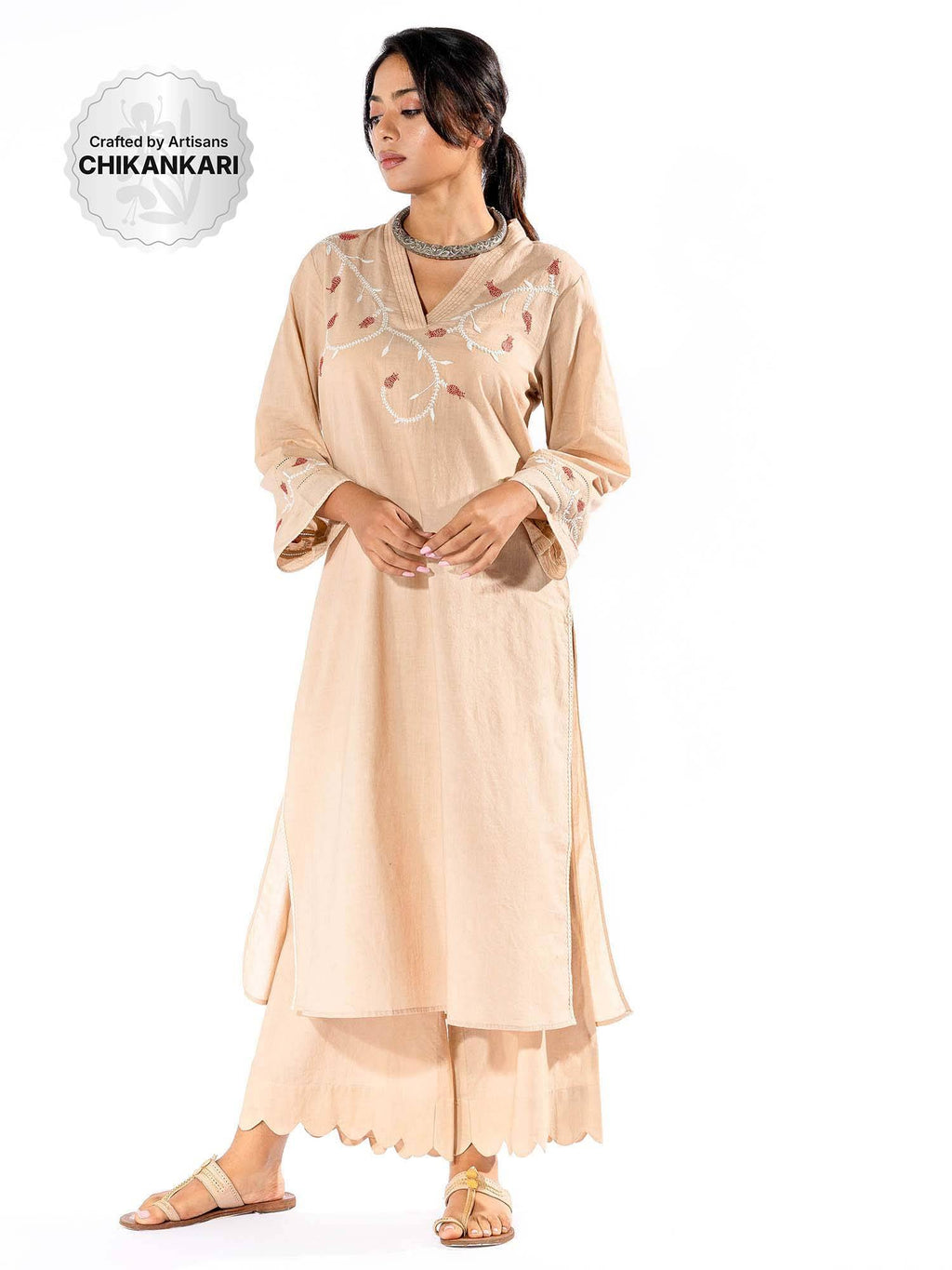 Peach Chikan Cotton Kurta | KDG - view 9