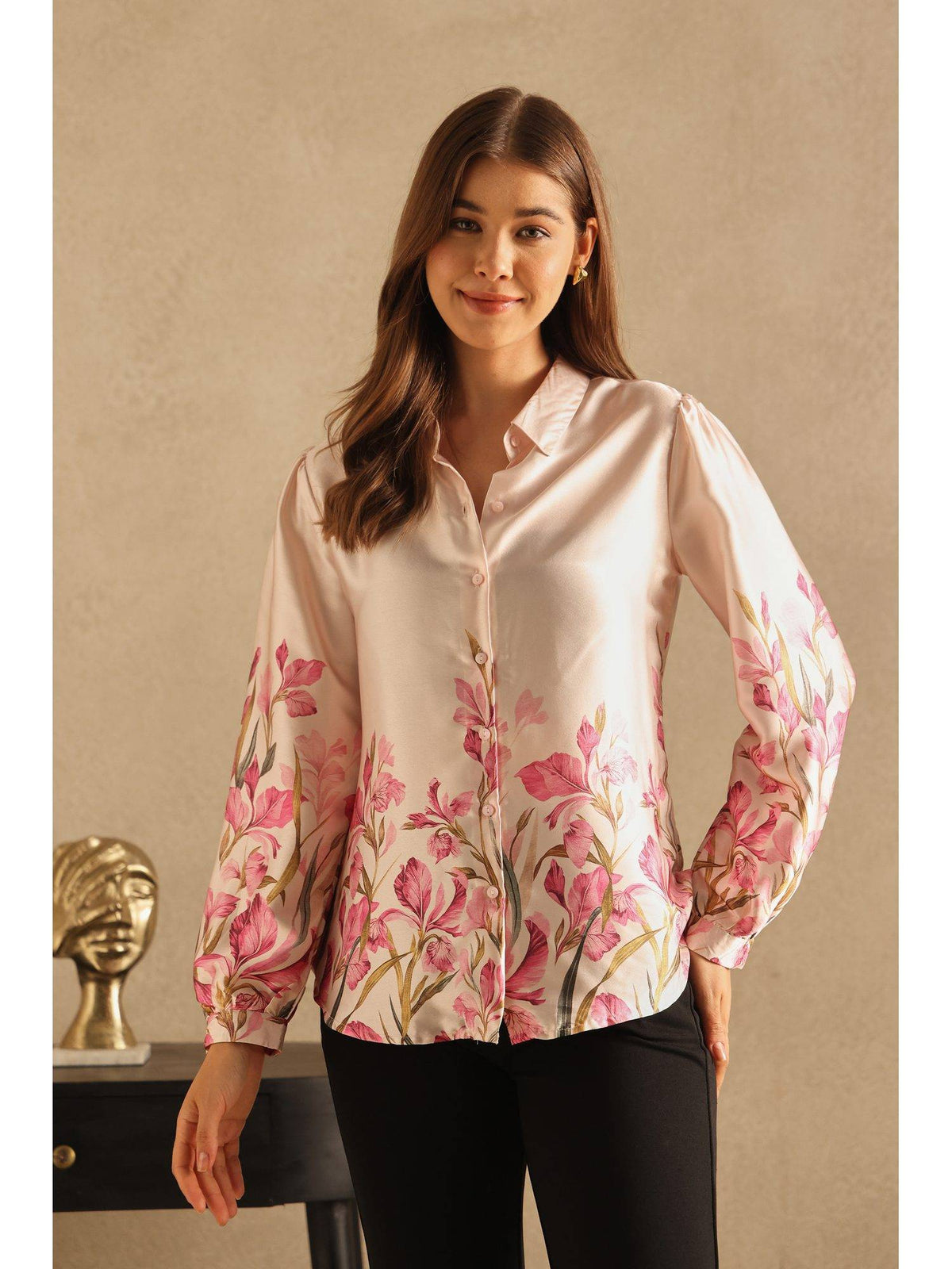 Beige Placement Print Satin Shirt | S67 - view 1