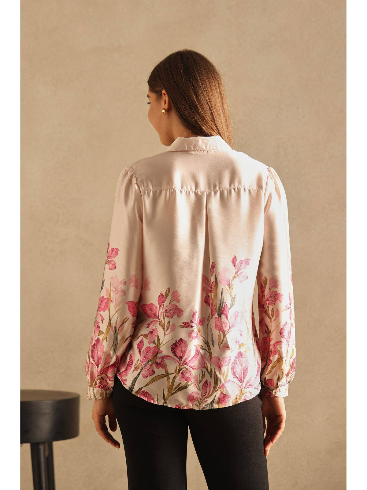 Beige Placement Print Satin Shirt | S67 - view 2