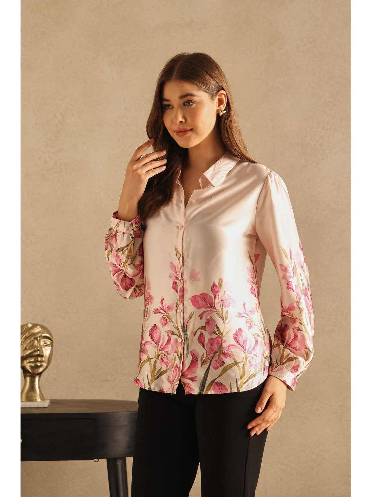 Beige Placement Print Satin Shirt | S67 - view 3