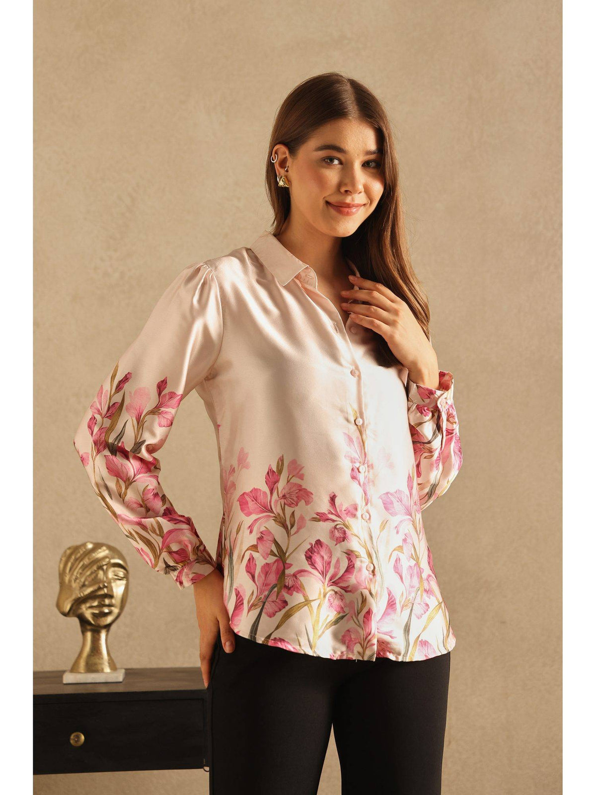 Beige Placement Print Satin Shirt | S67 - view 4