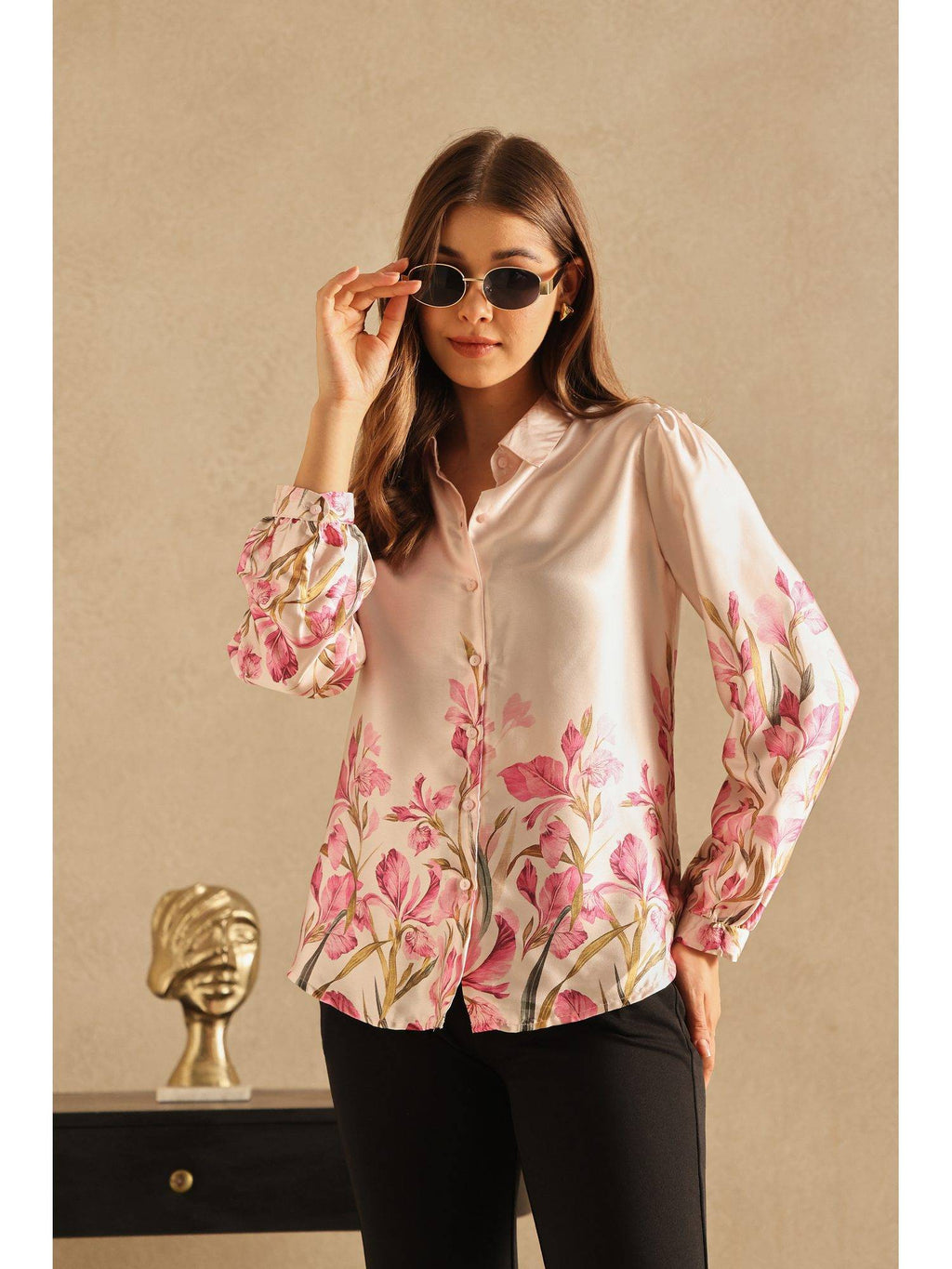 Beige Placement Print Satin Shirt | S67 - view 5