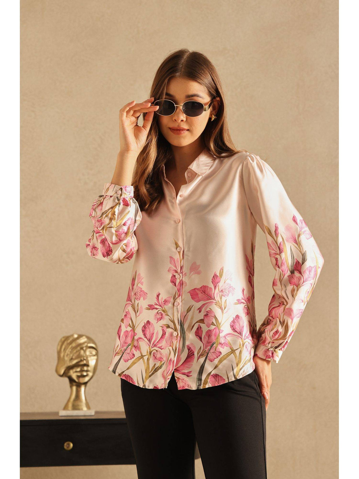 Beige Placement Print Satin Shirt | S67 - view 5